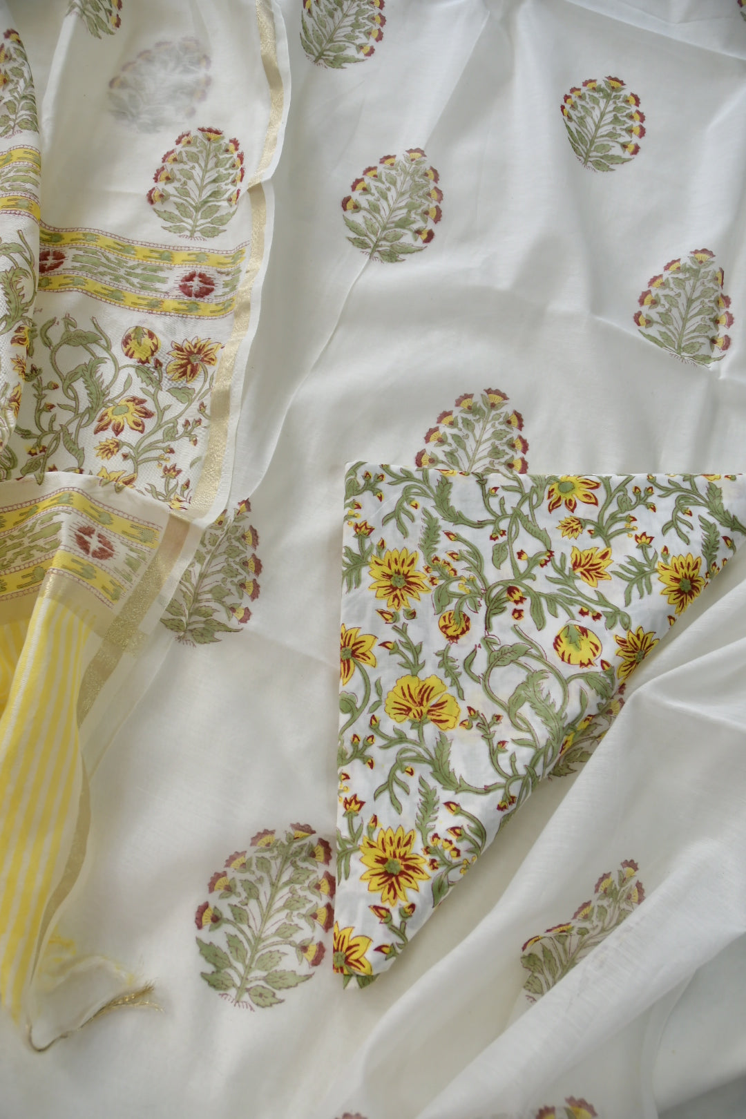 Close-up of a fabric with floral embroidery on a white background