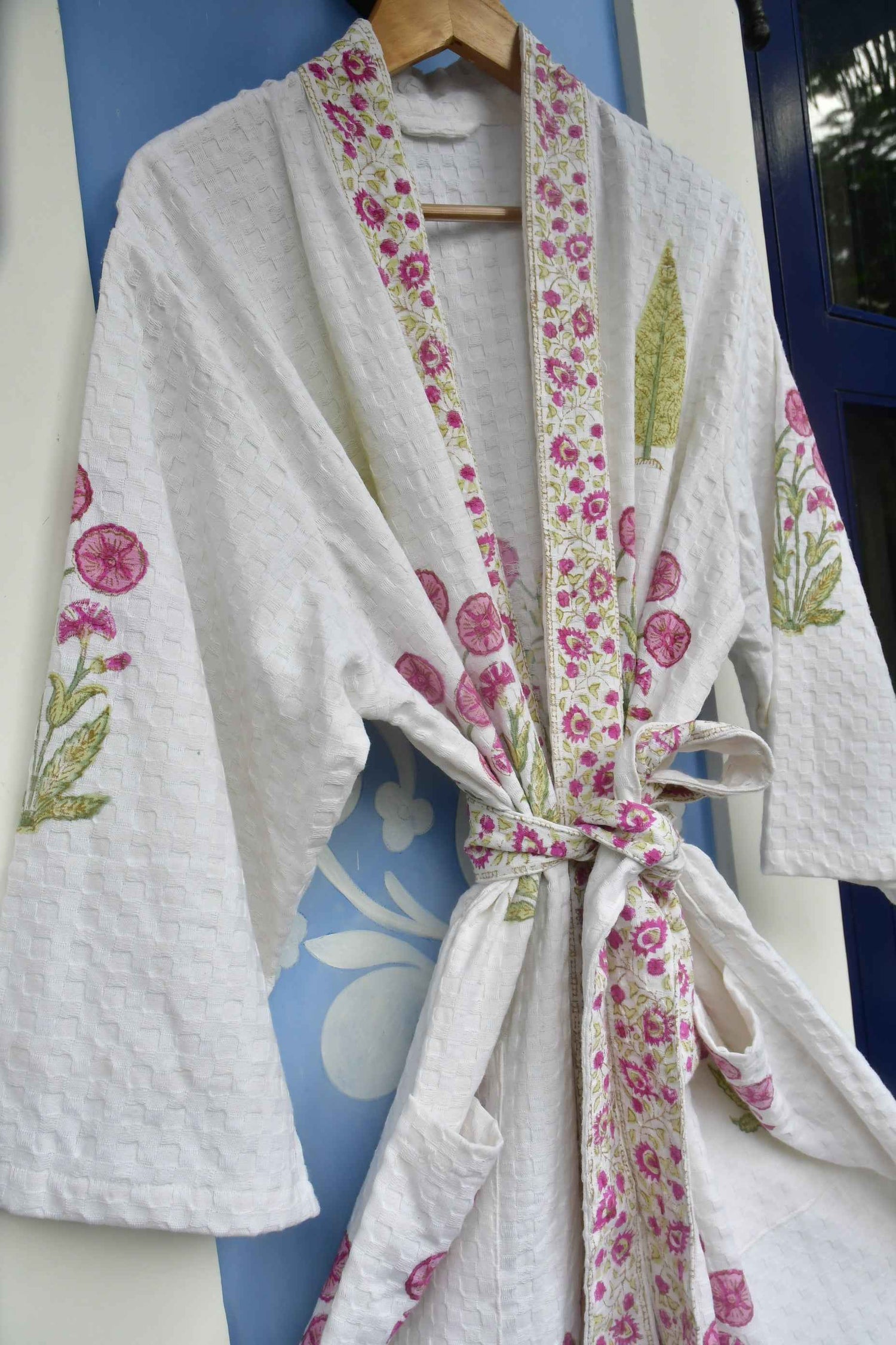 Pink floral and Green Cypress Leaf Bathrobe