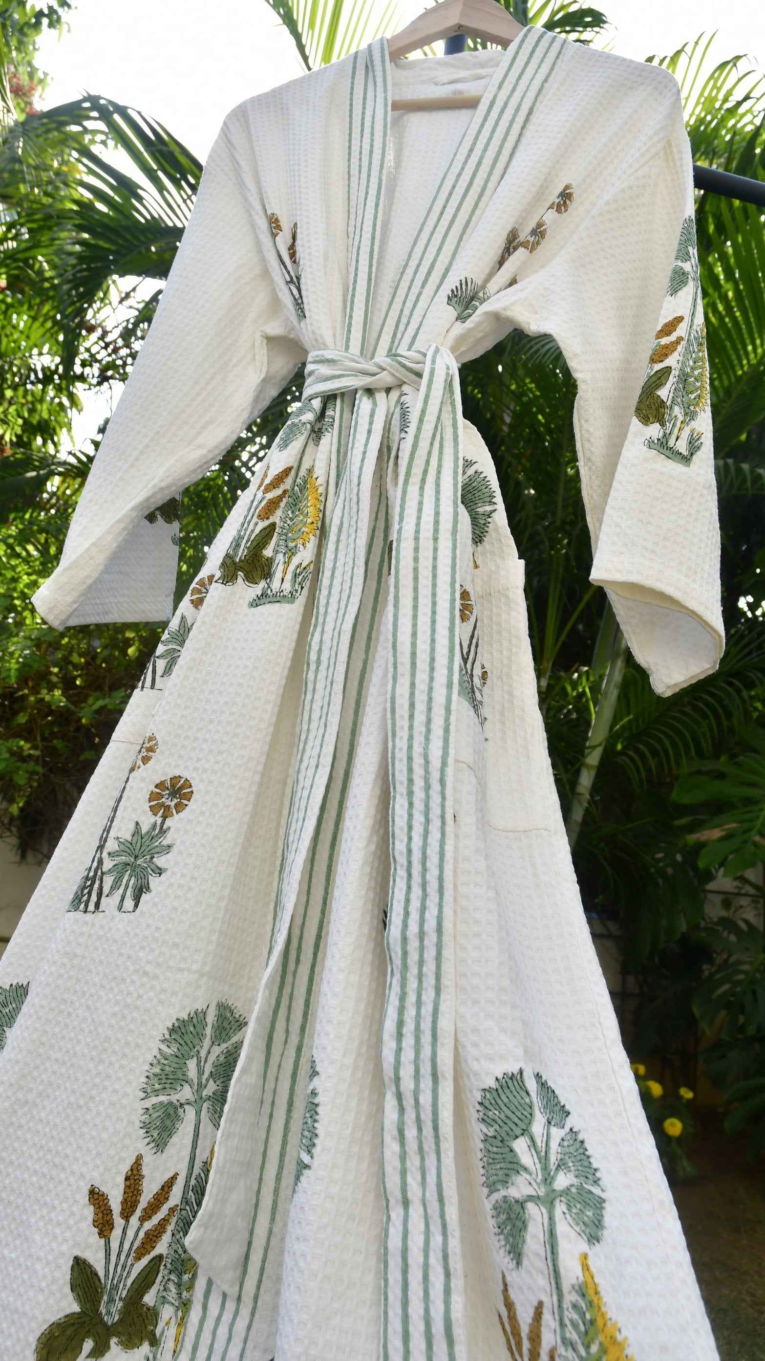 Yellow Green Buta Handblock Bathrobe