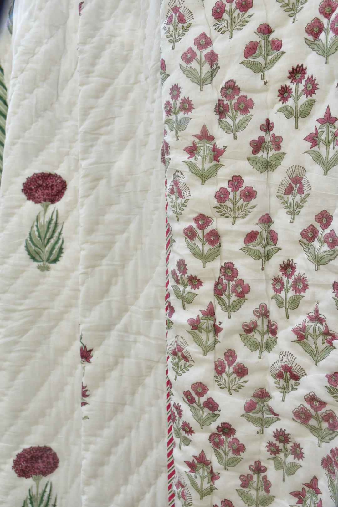 Serene Pink and Green Handblock Cotton Quilt