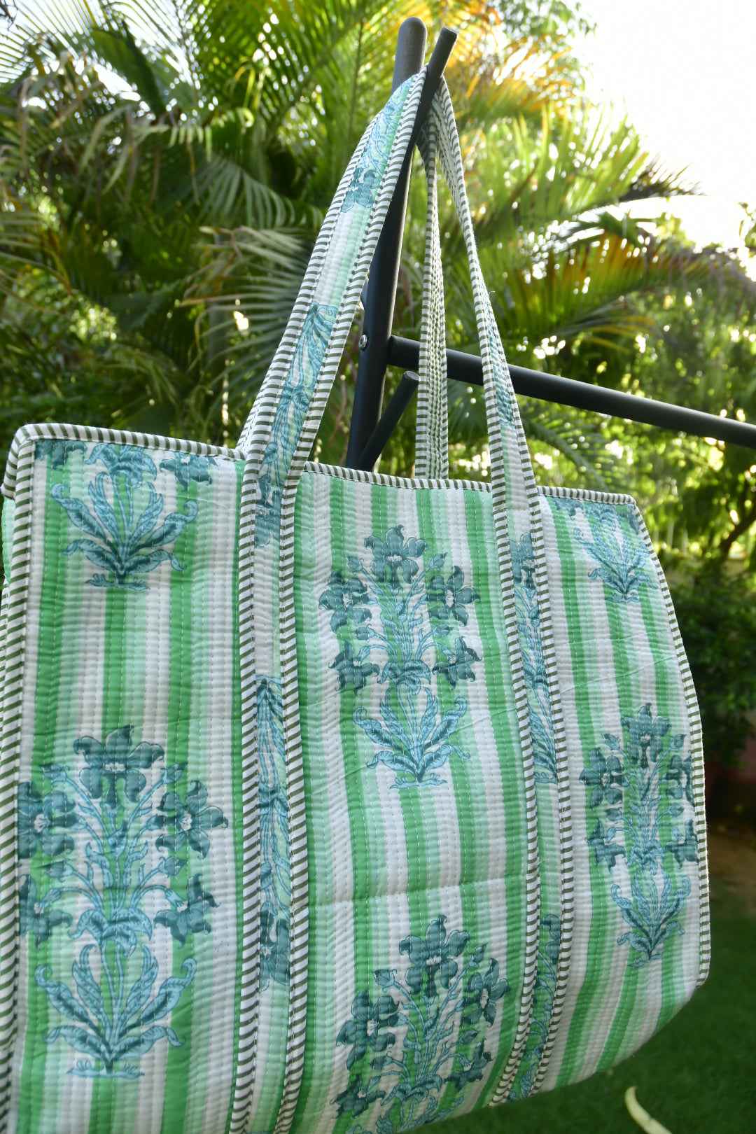 Green Flowers On Stripe Zipper Tote Bag: Hand-Blocked Beauty