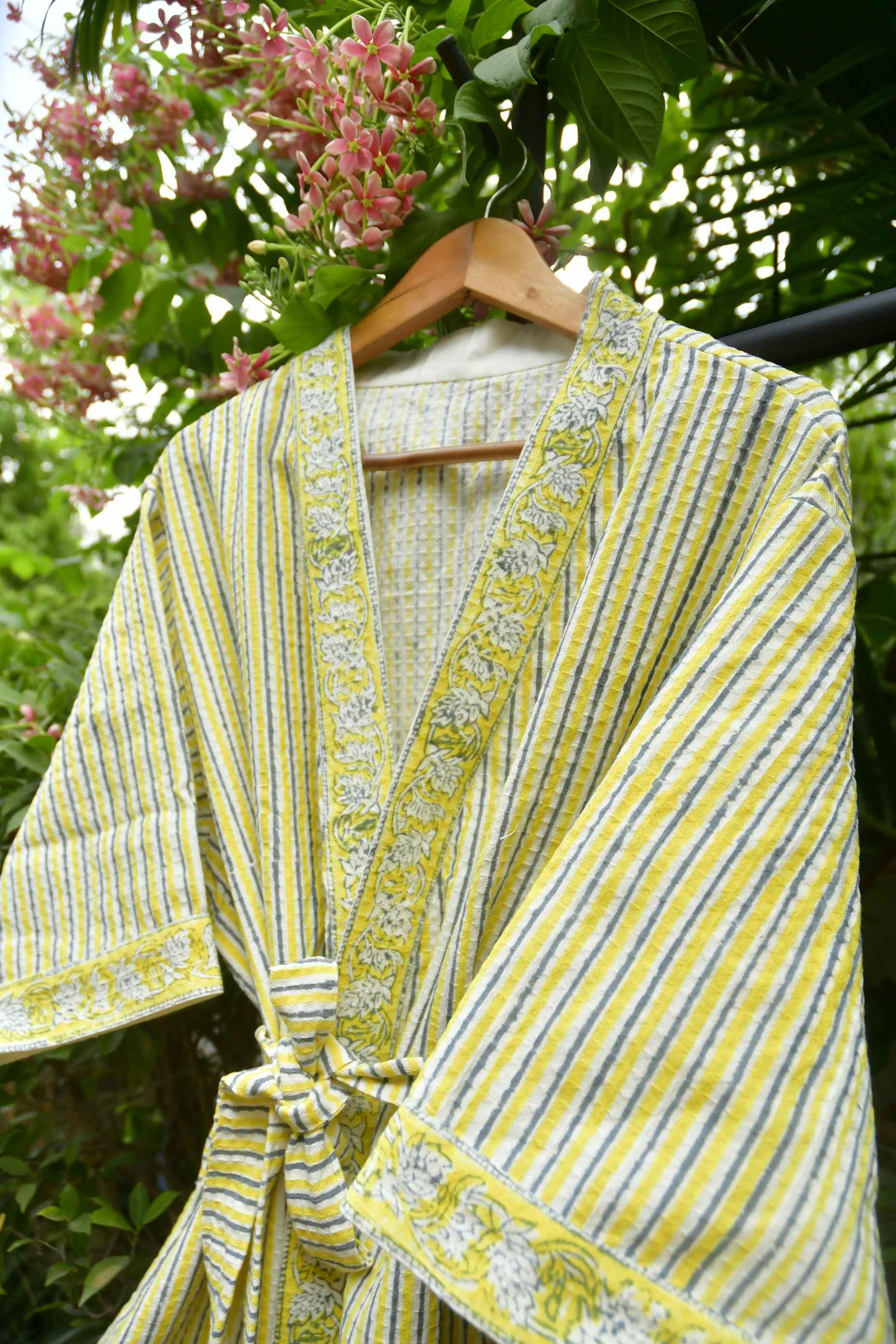 Lemon Yellow Stripe Waffle Cotton Bathrobe