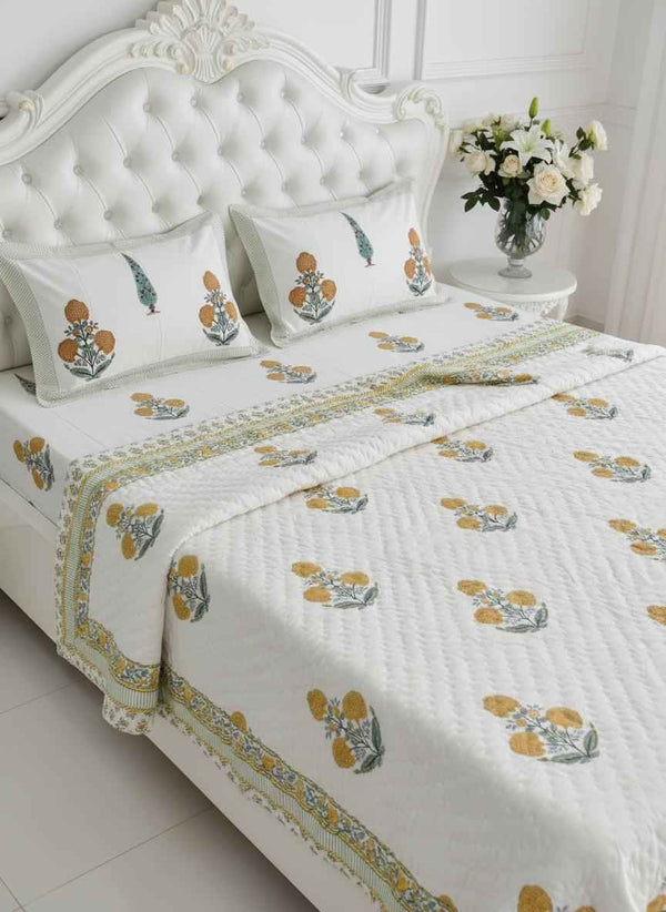 Cotton Quilt Hand Block Bedding Set – Yellow Marigold