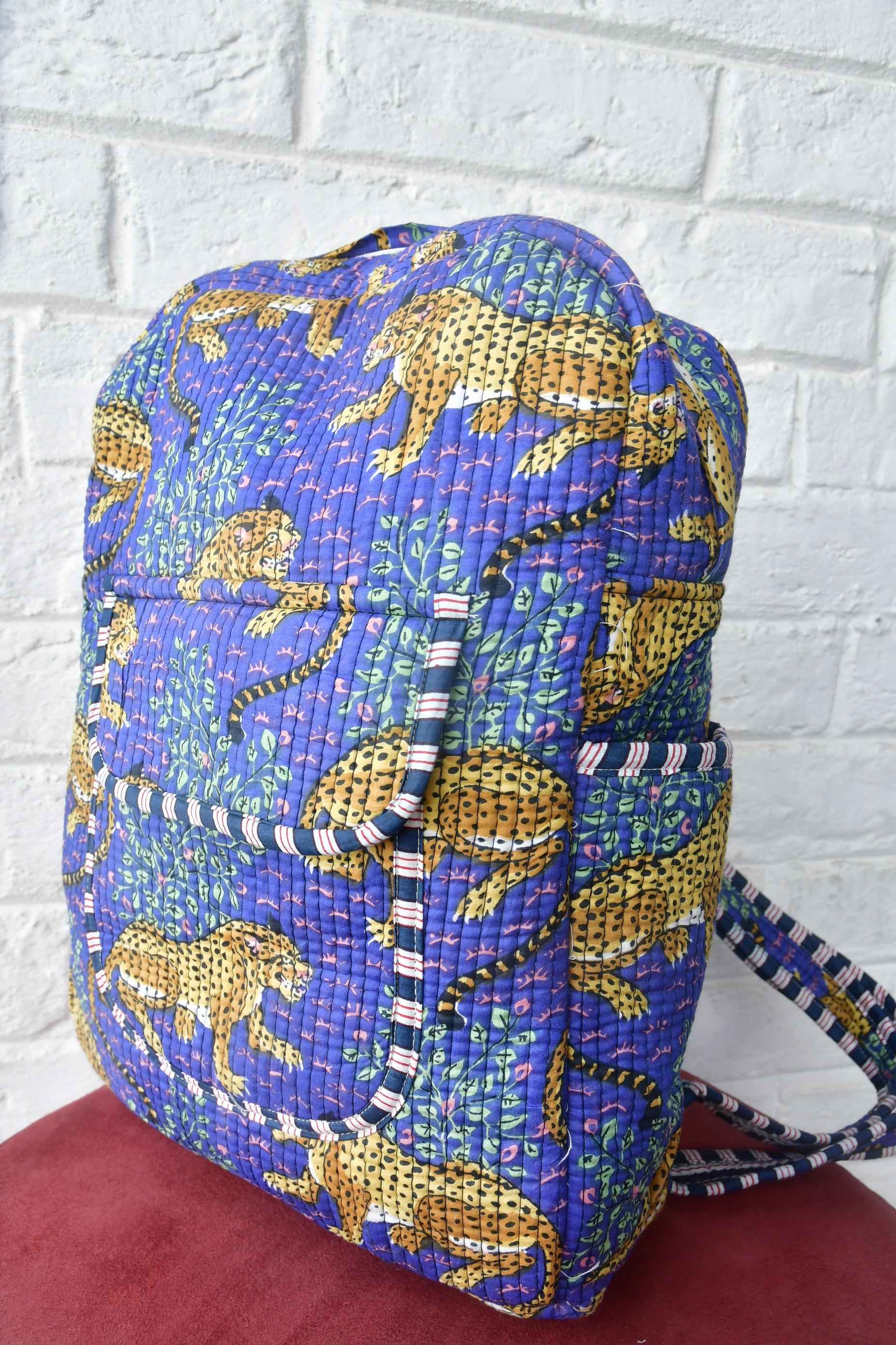 Violet Leopard Print Handblock Cotton Backpack