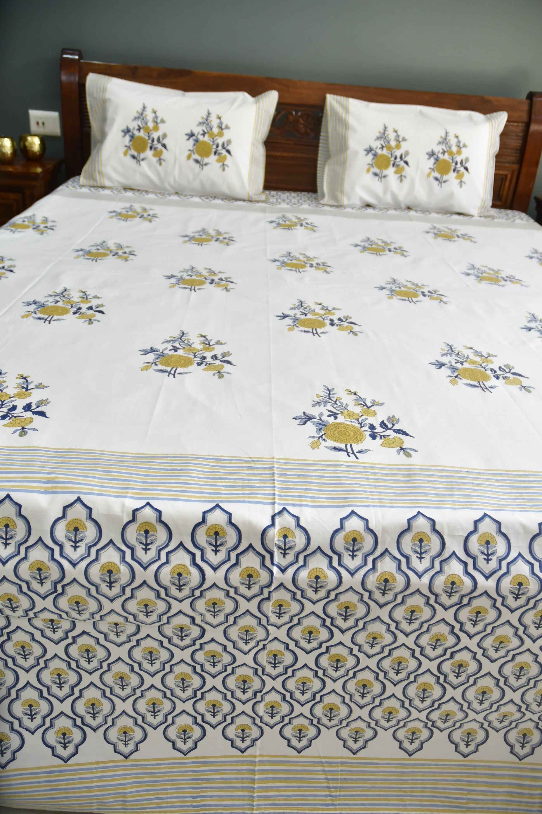 Royal Blue yellow Buta Bedsheet : Regal elegance