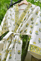 Yellow Buti HandBlock Waffle Cotton Bathrobe