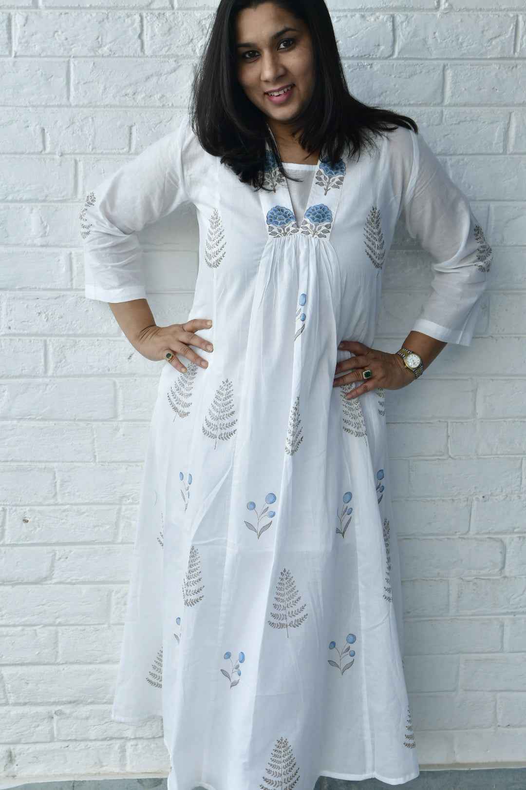 Blue and White Handblock Kurta Dress