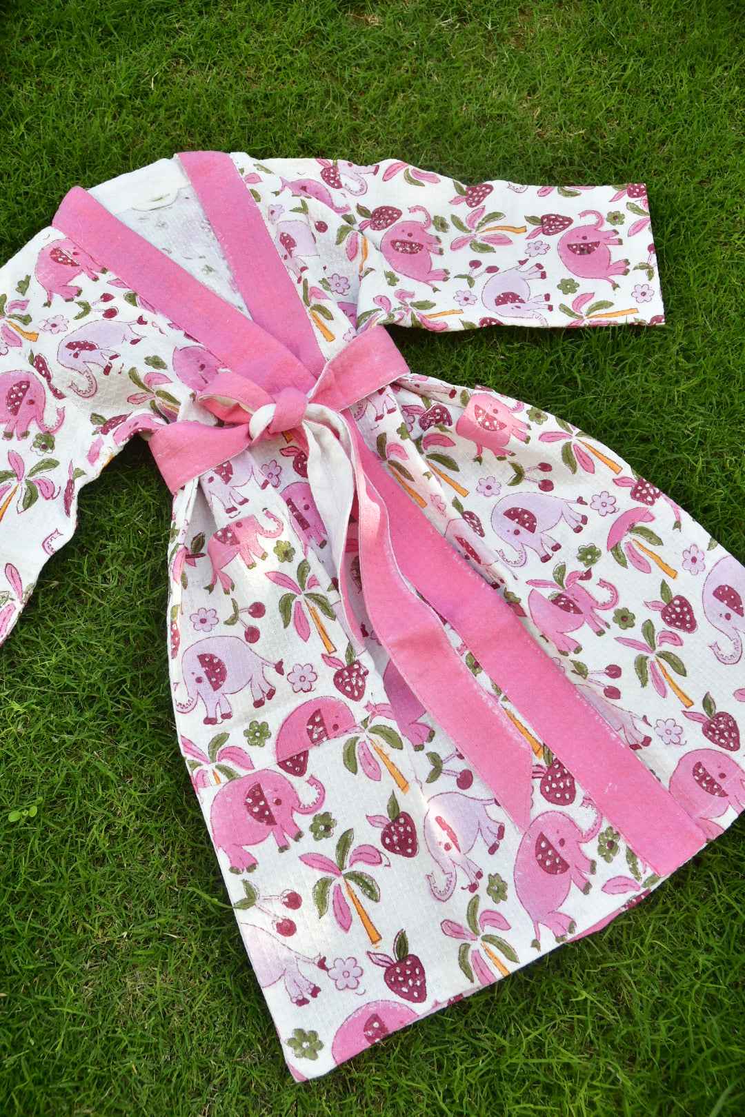 Kids Handblock Premium Cotton Bathrobe Pink Elephant pattern