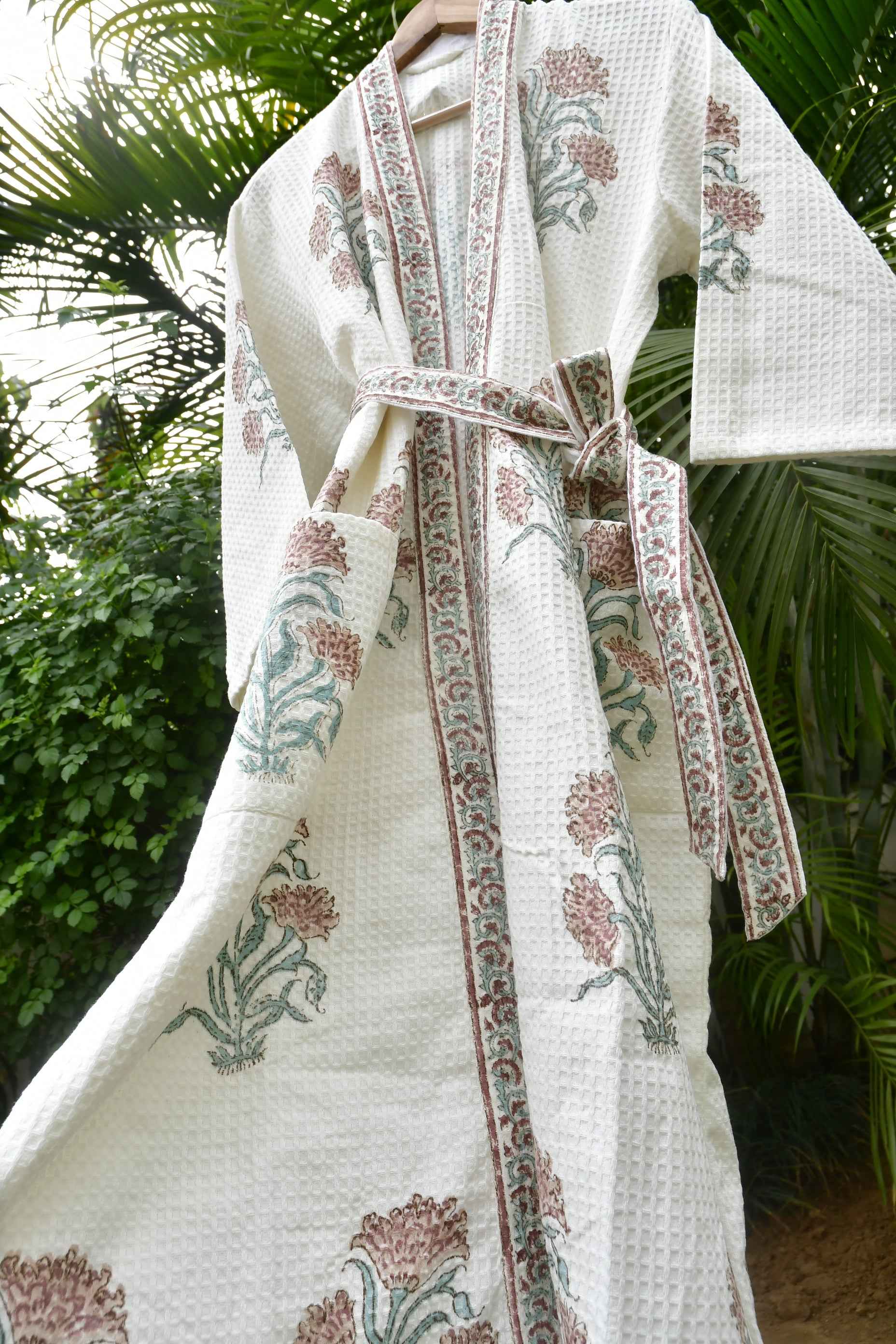 Rust and Green Floral Waffle Cotton Bathrobe