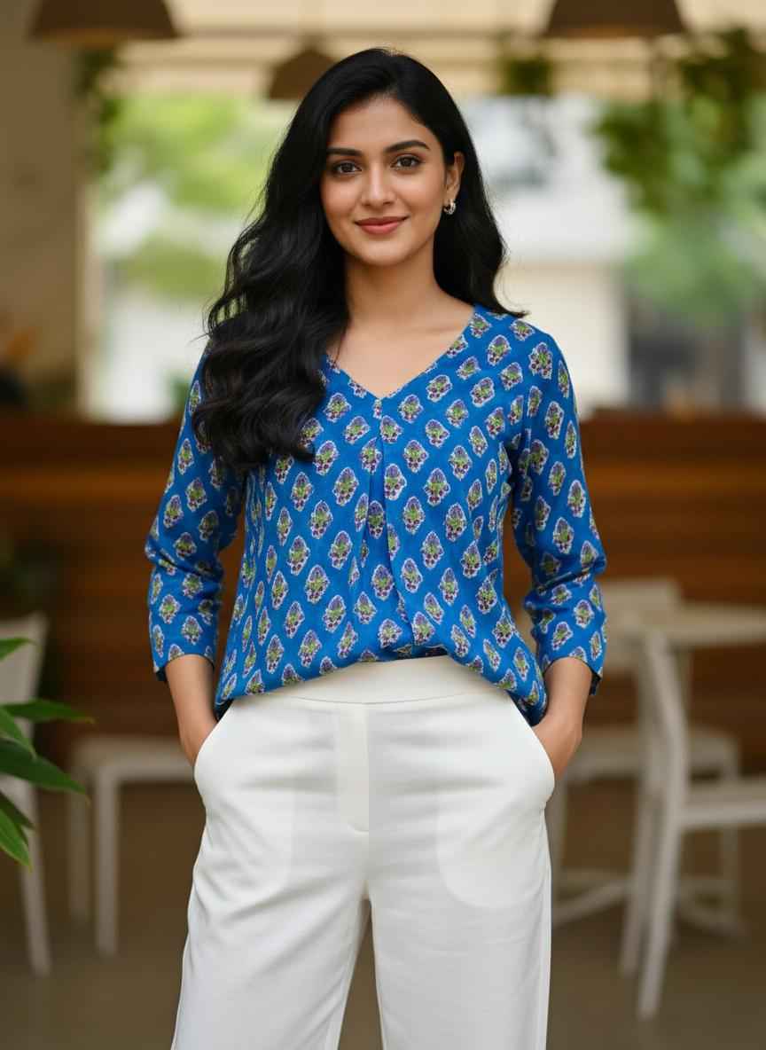 Peacock Blue Handblock Modal Cotton Women’s Shirt – Stylish Daily Wear Top