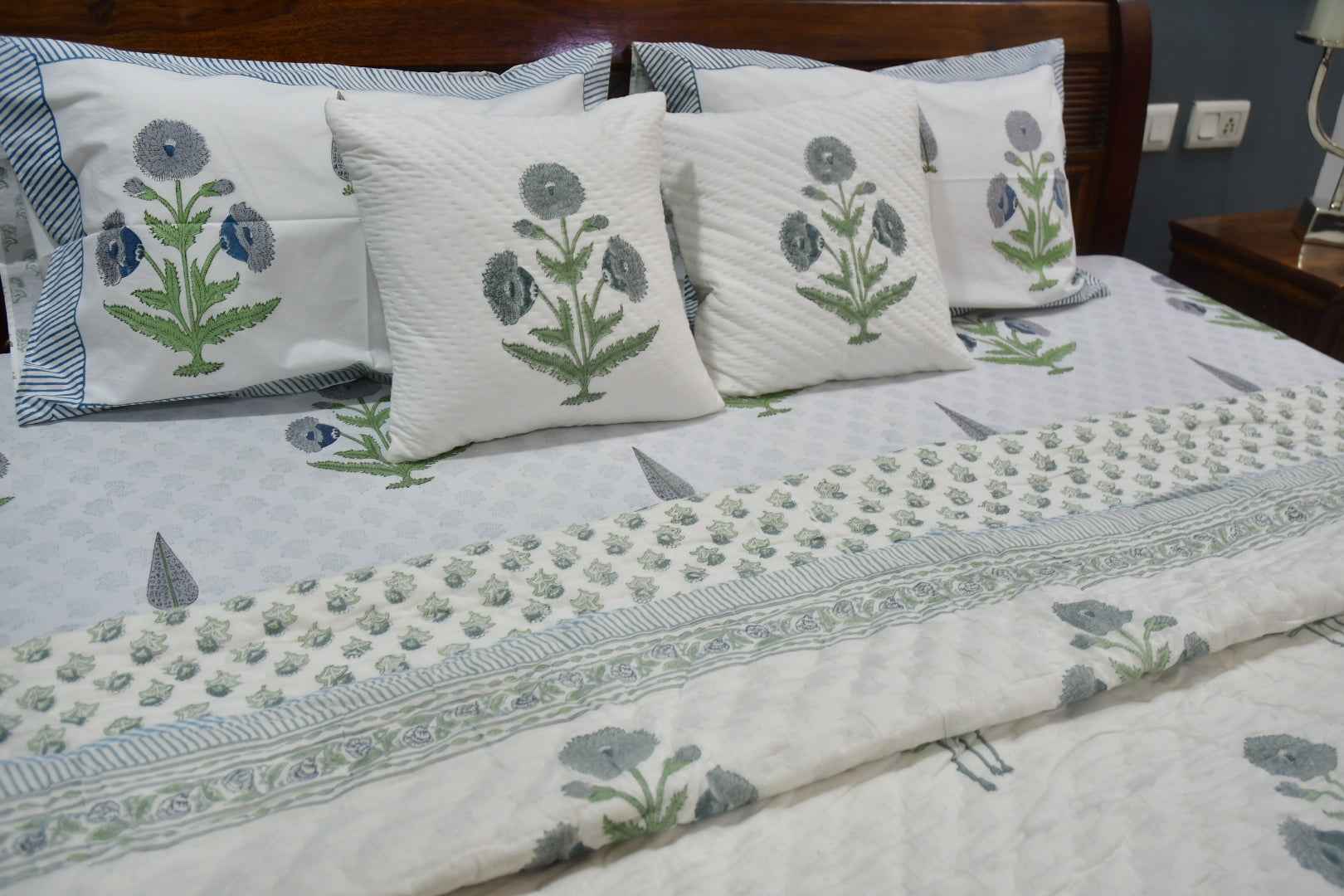 Blue Grey Poppy Handblock Reversible Quilt | Soft Cotton Jaipuri Bedding