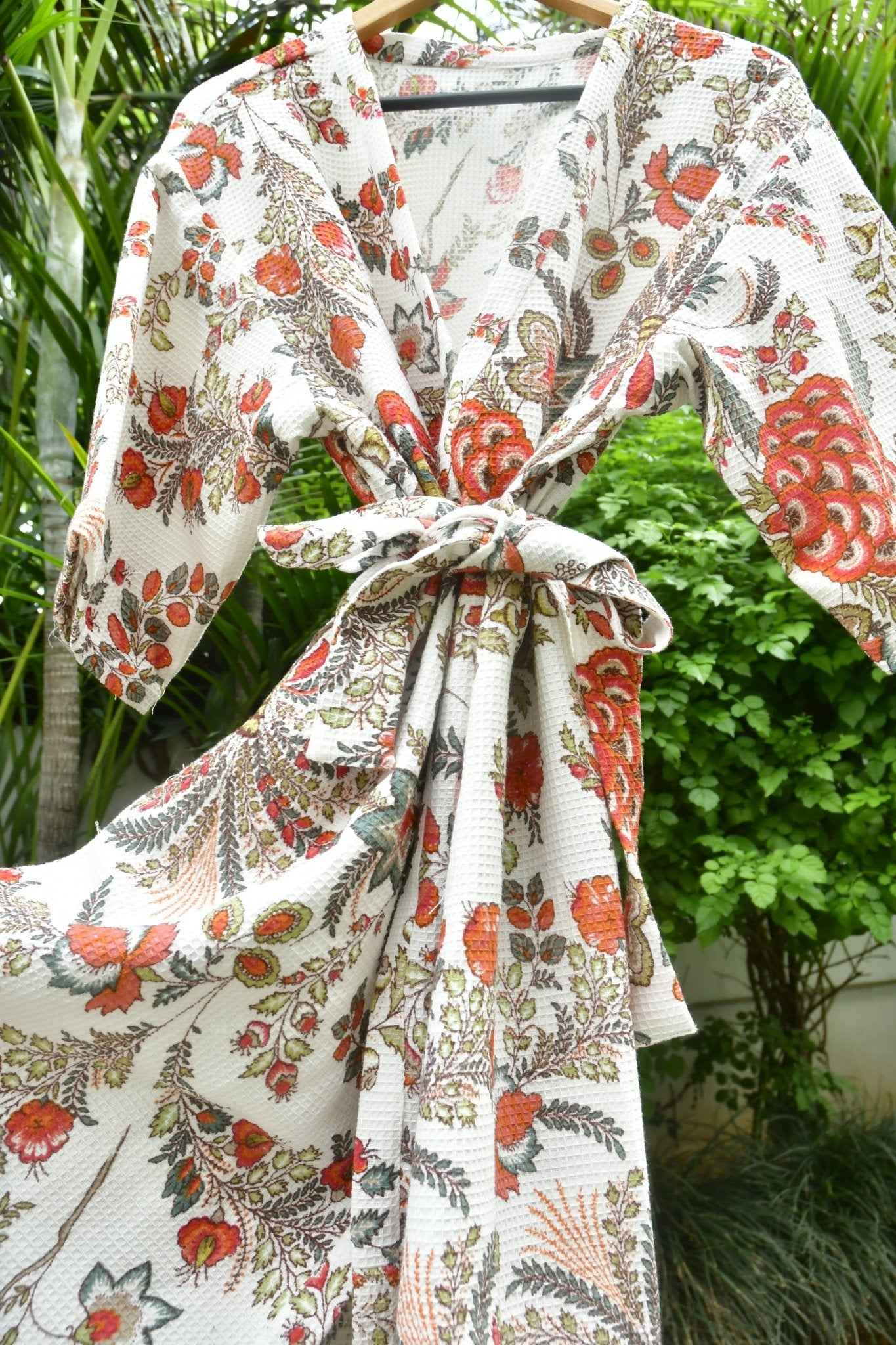 Bright Red and White Floral Waffle Bathrobe