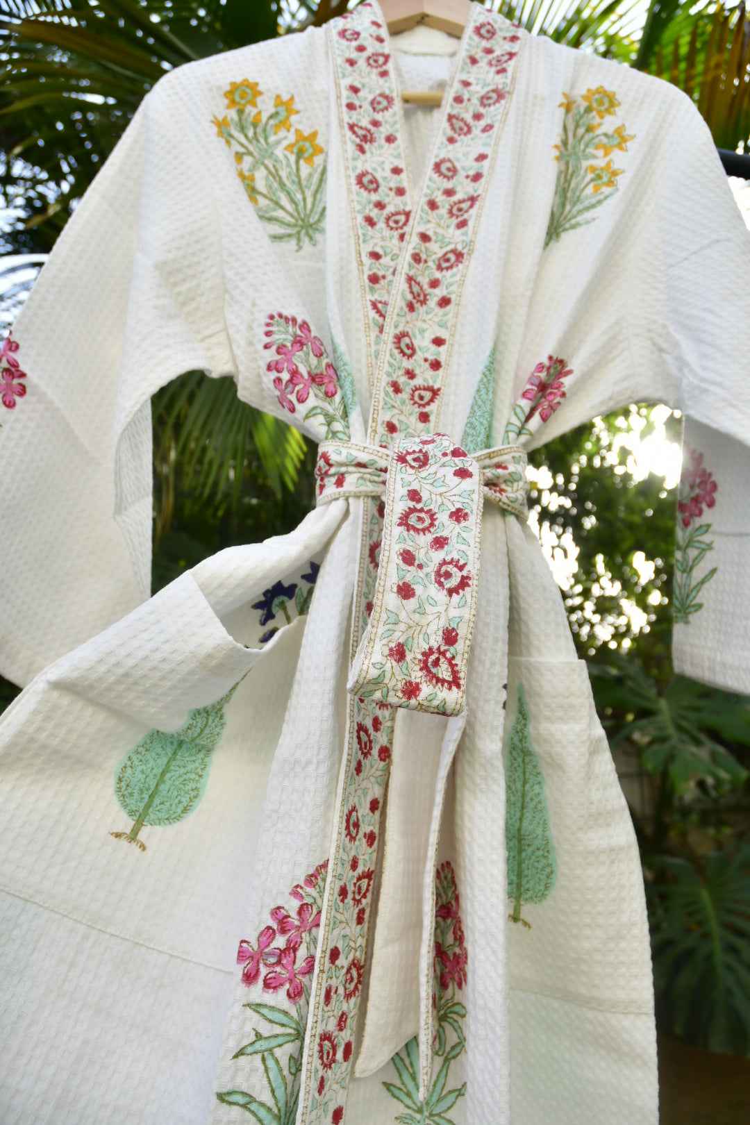 Cotton Bathrobe : Paanch Buta Handblock waffle robe