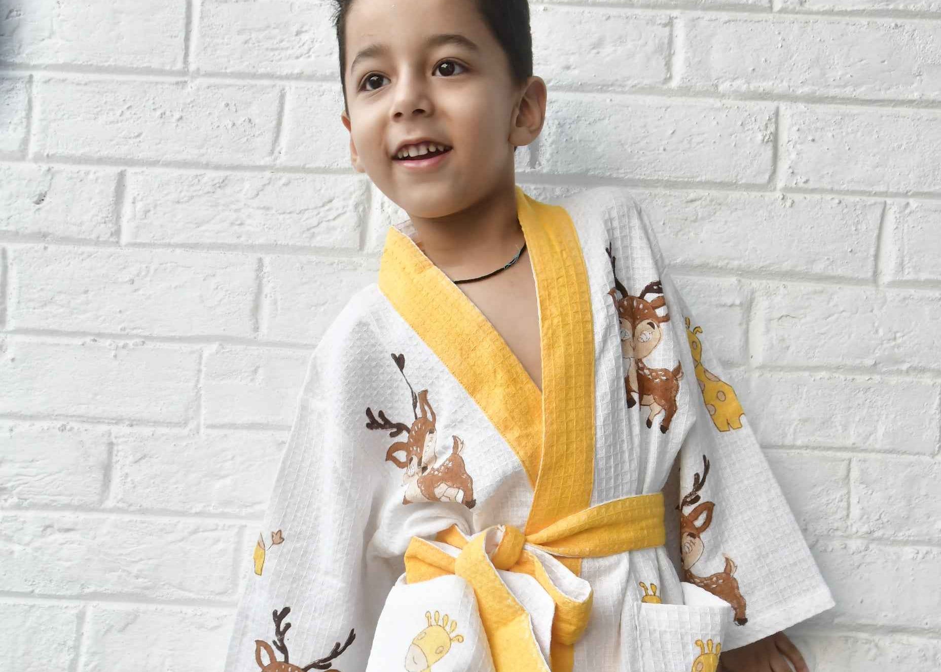 Kids HandBlock Premium Waffle Cotton Bathrobe Deer pattern
