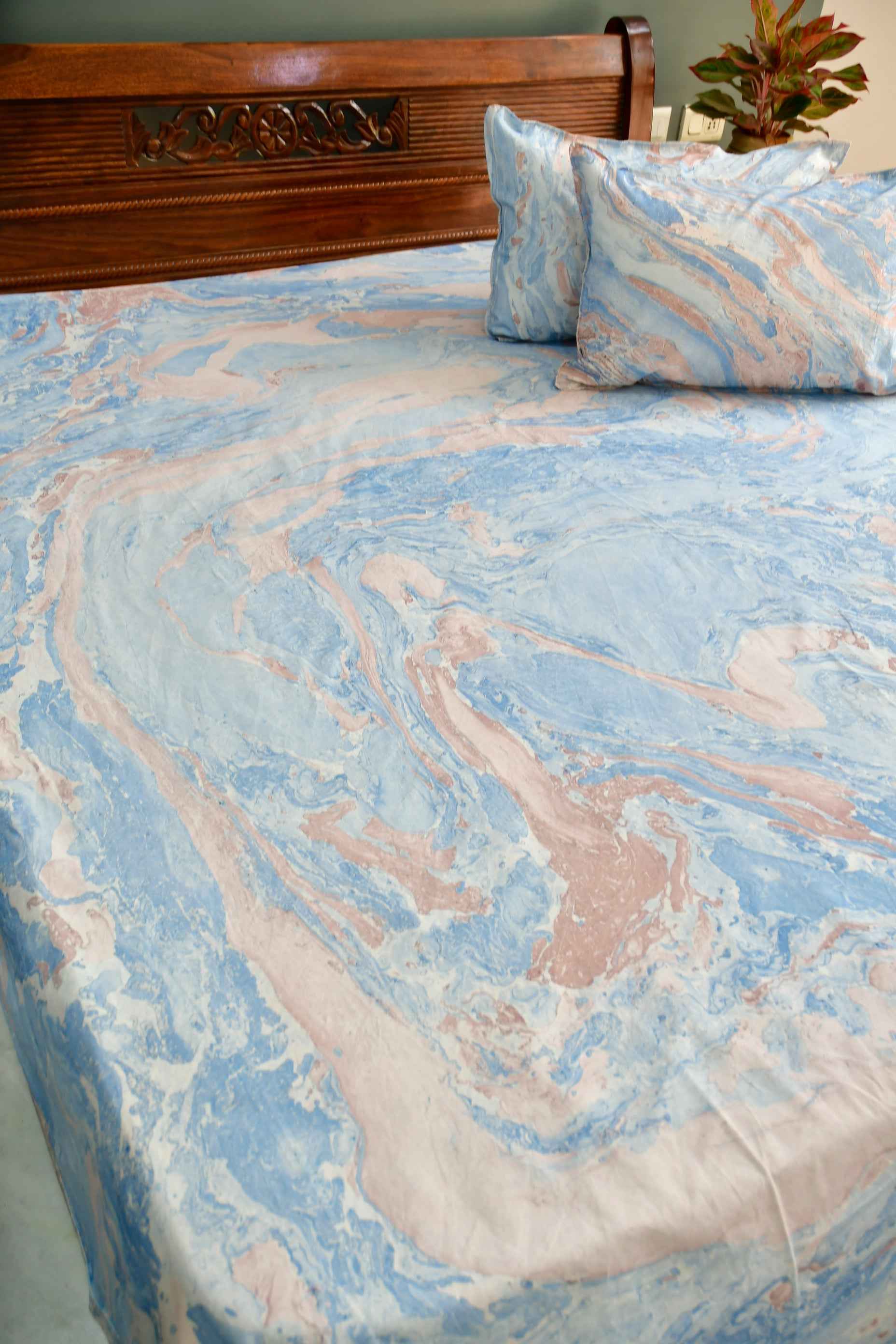 Pink Blue Marble Bedsheet:  Hand Block Print