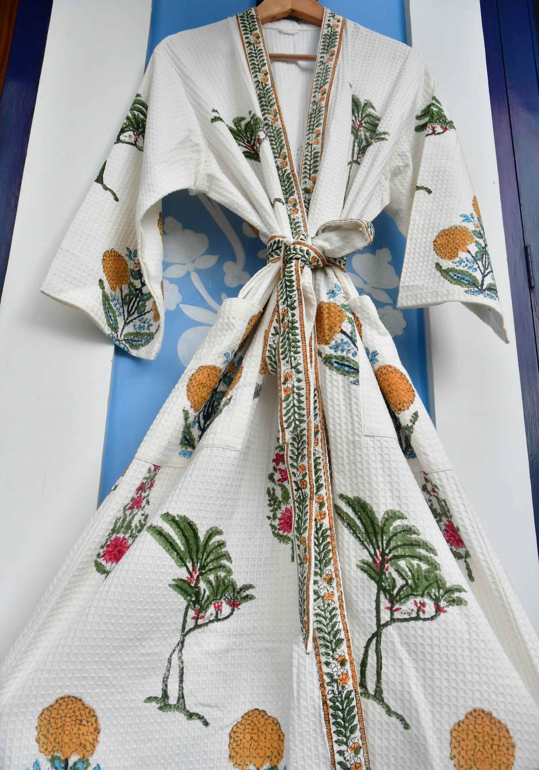 Marigolds HandBlock Waffle Cotton Bathrobe