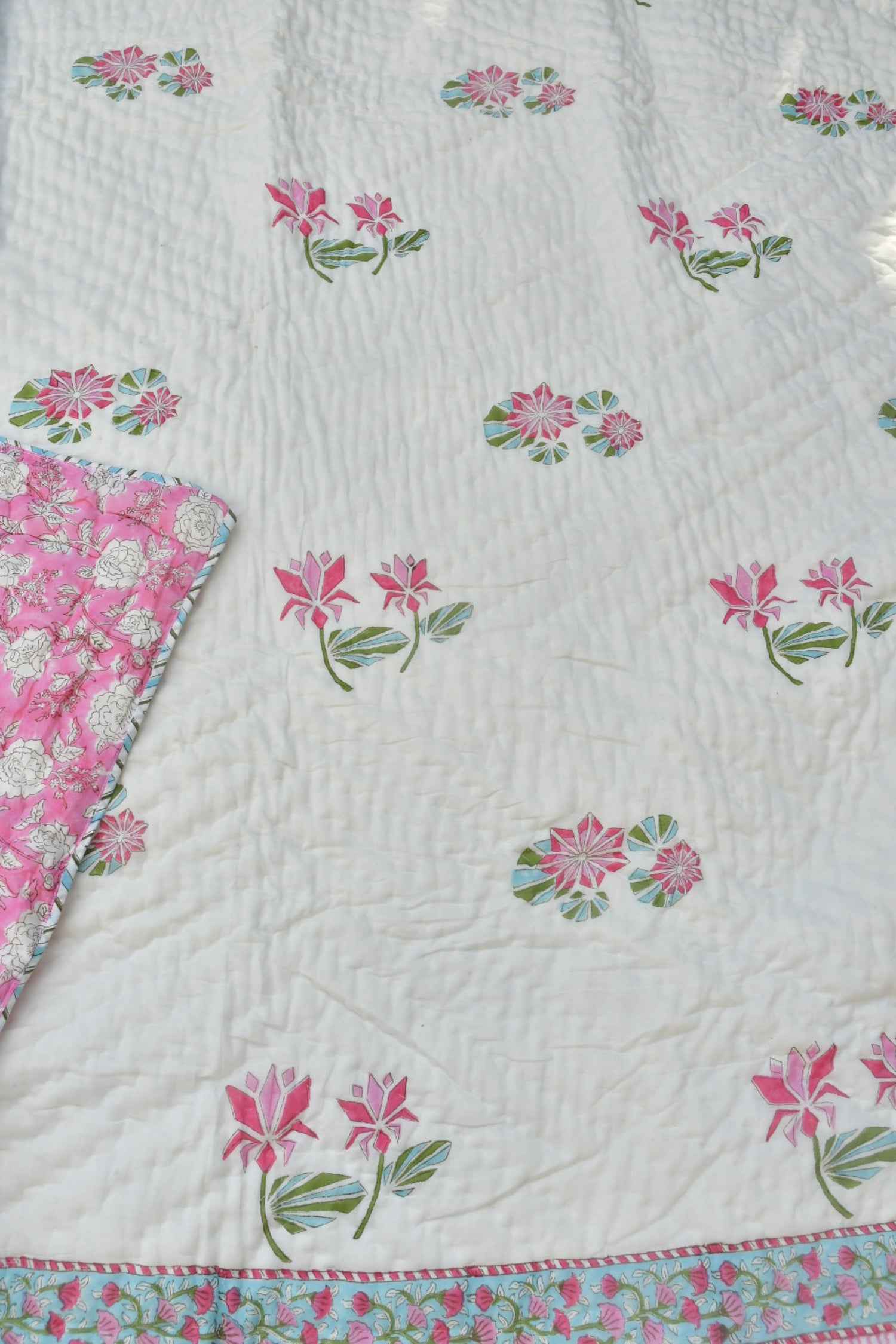 Pink Lotus Handblock Reversible Quilt : Warmth & Style