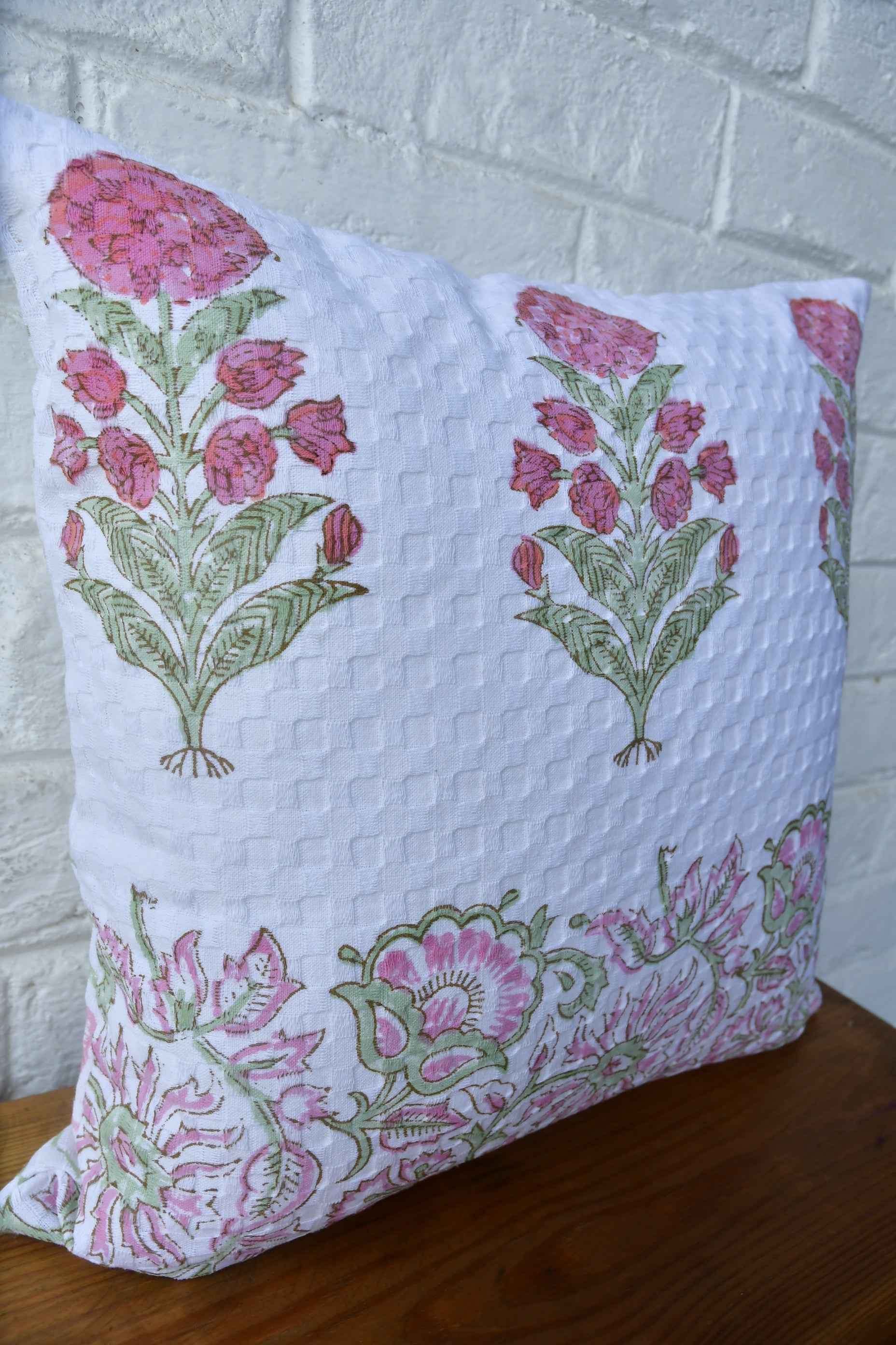 Coral Pink Waffle Cushion Cover: Hand Block Comfort