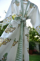 Soft Green Jaal Buta Handblock  waffle Cotton Bathrobe