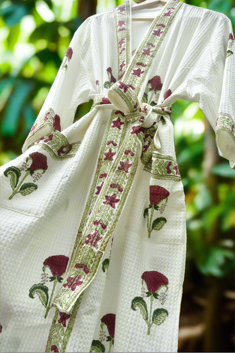 Red hibiscus premium bathrobe Handblock 