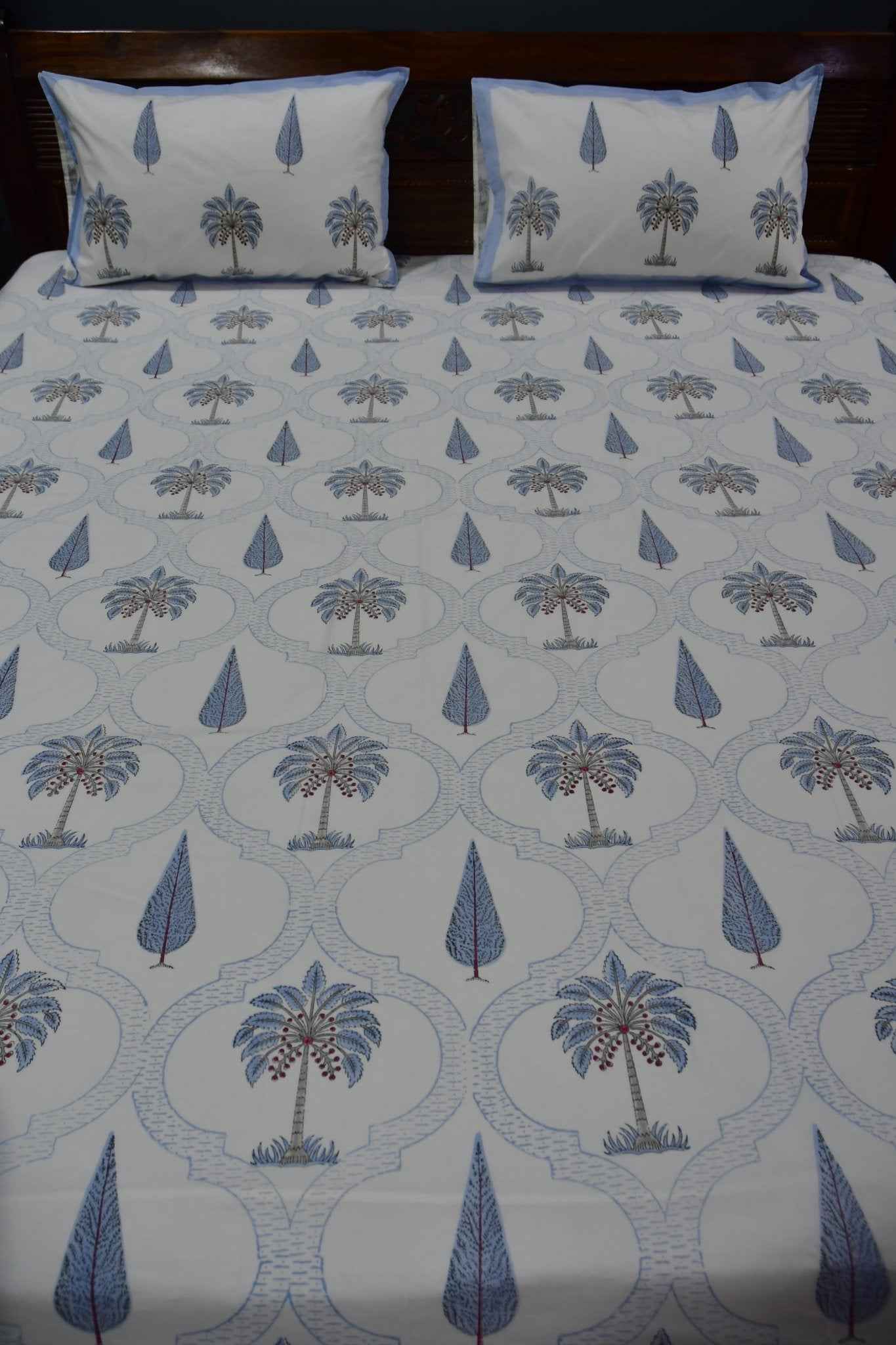 Blue Palm Hand Block Cotton Bedsheet