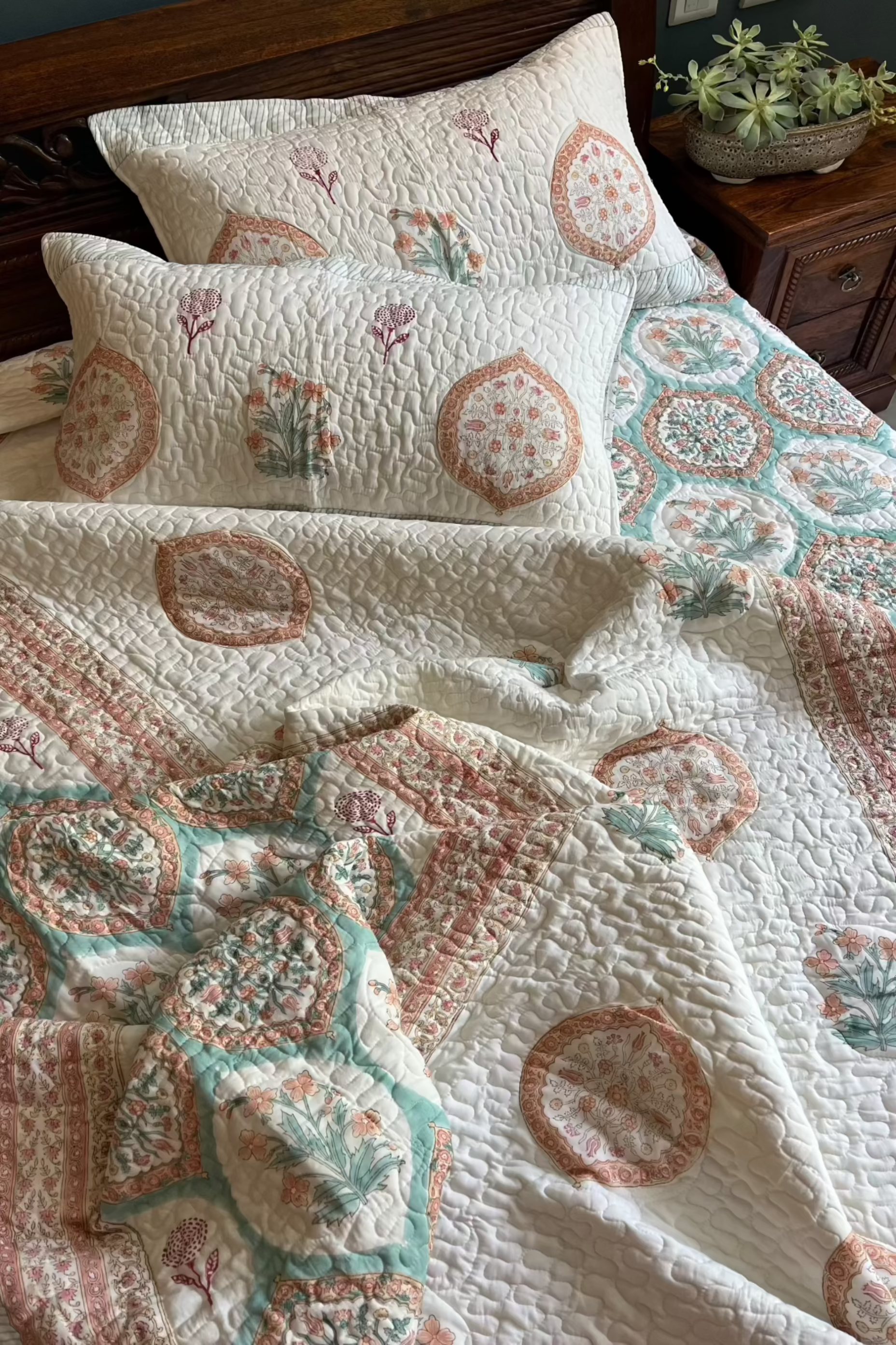 Peach & Green Floral Cotton Handblock Bedcover