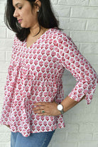 Red Buti White Short Top handblock Office wear