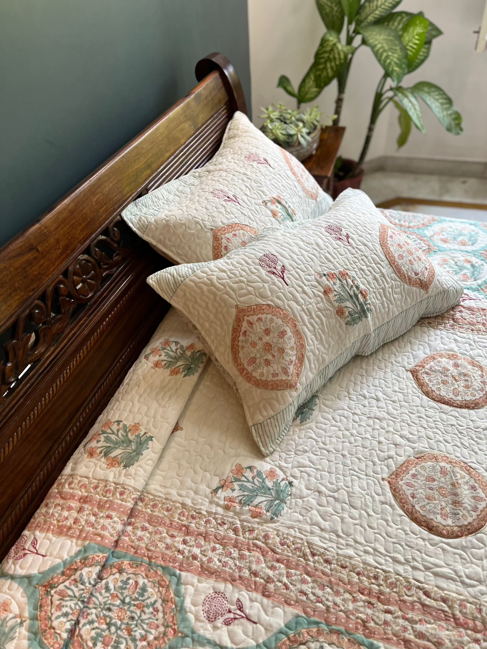 Peach & Green Floral Cotton Handblock Bedcover