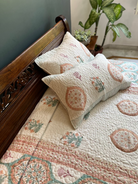 Peach & Green Floral Cotton Handblock Bedcover