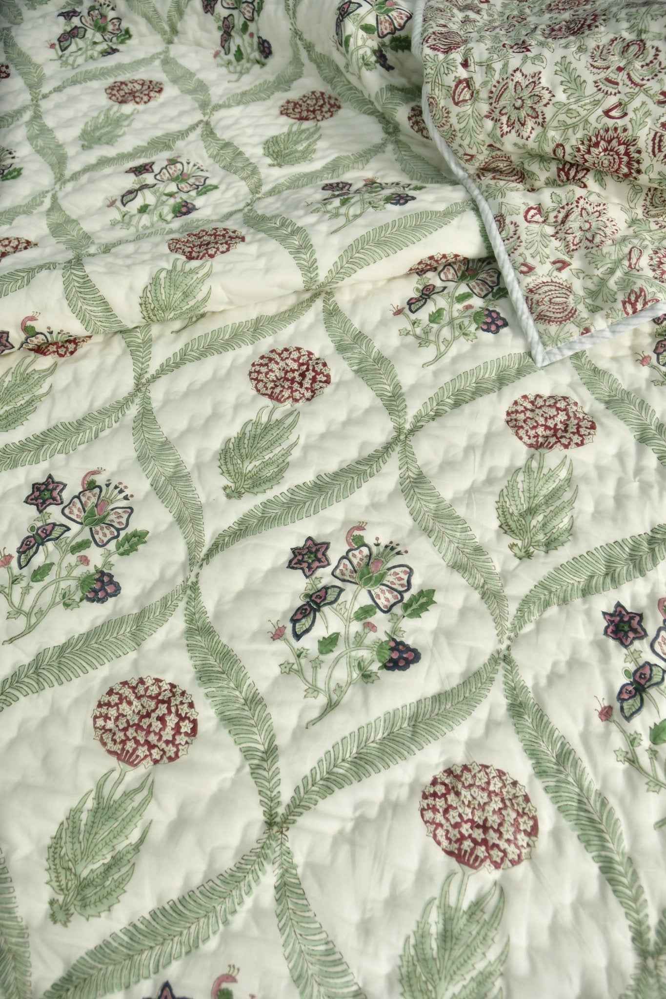 Butterfly and floral jaal mul mul Handblock Quilt