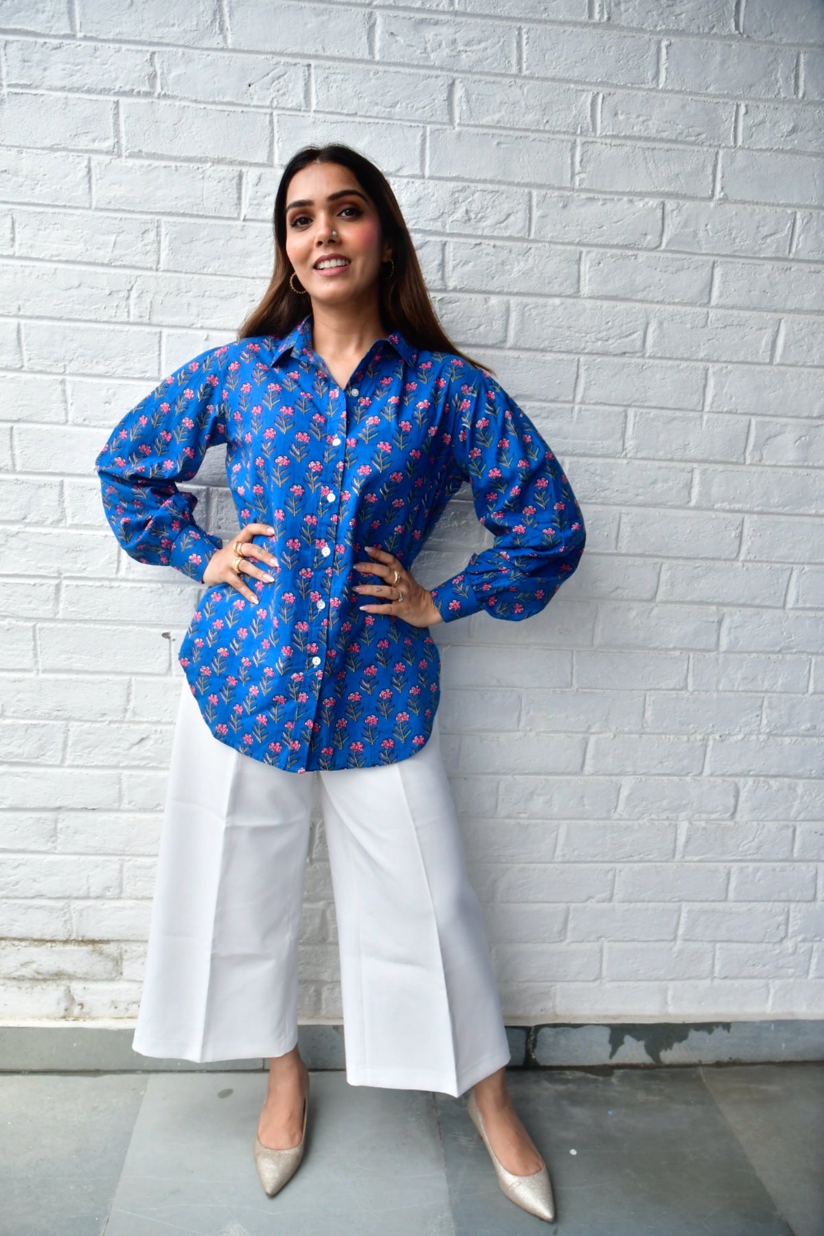 Pink buti on blue cotton shirt 