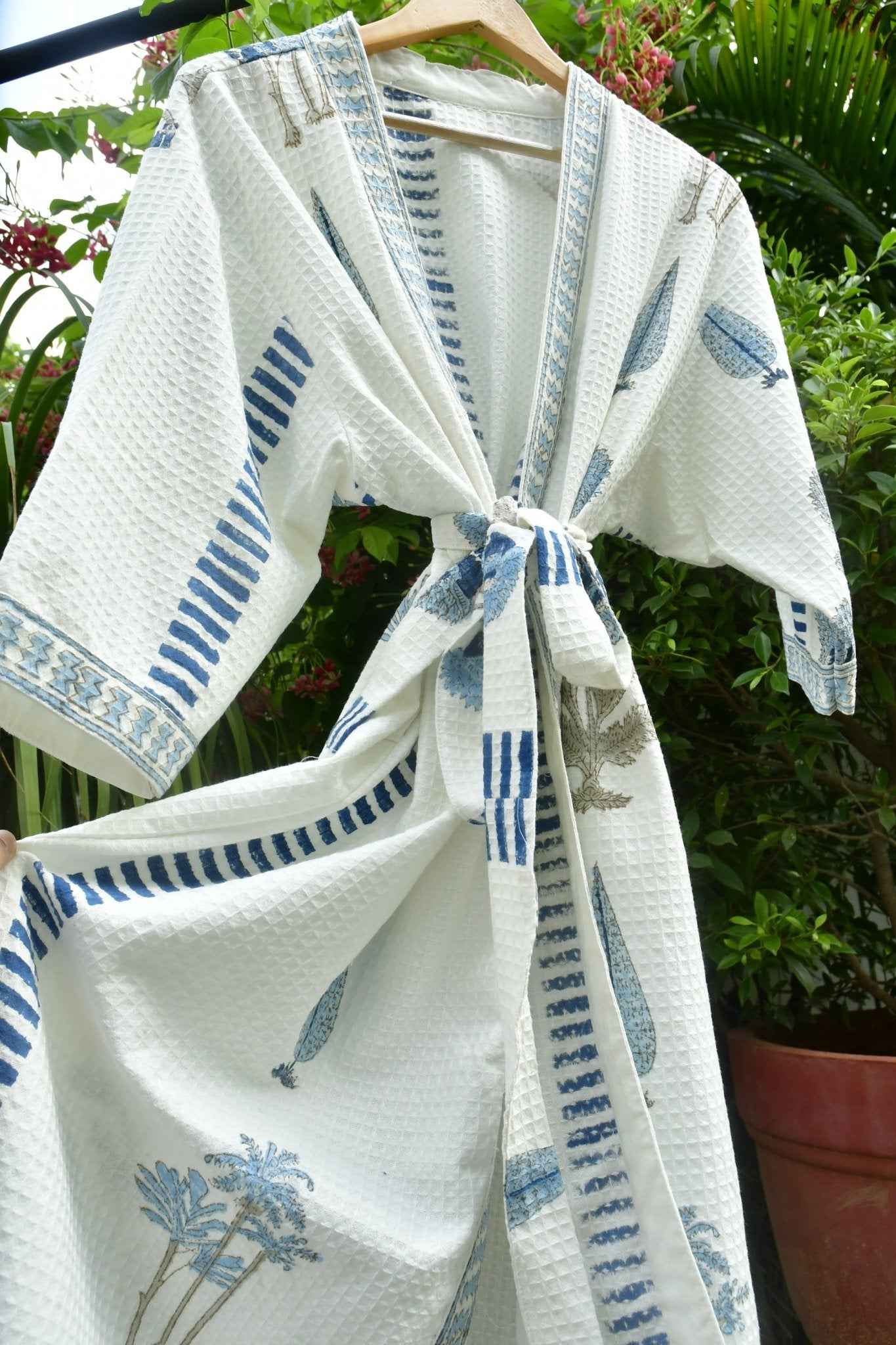 Blue Poppy and Cypress leaf Waffle  Bathrobe