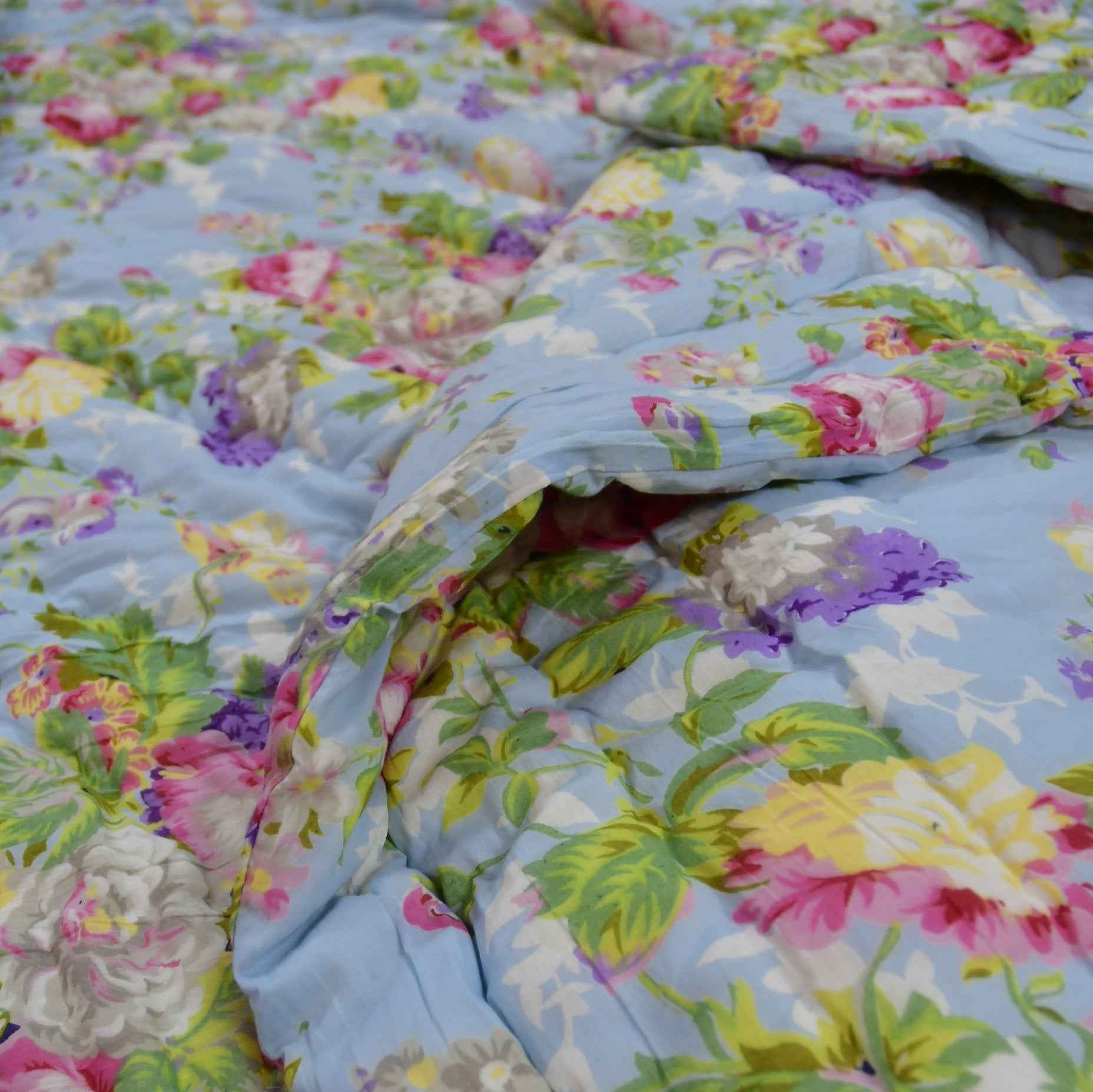 Sky Blue Floral Handblock Reversible Quilt