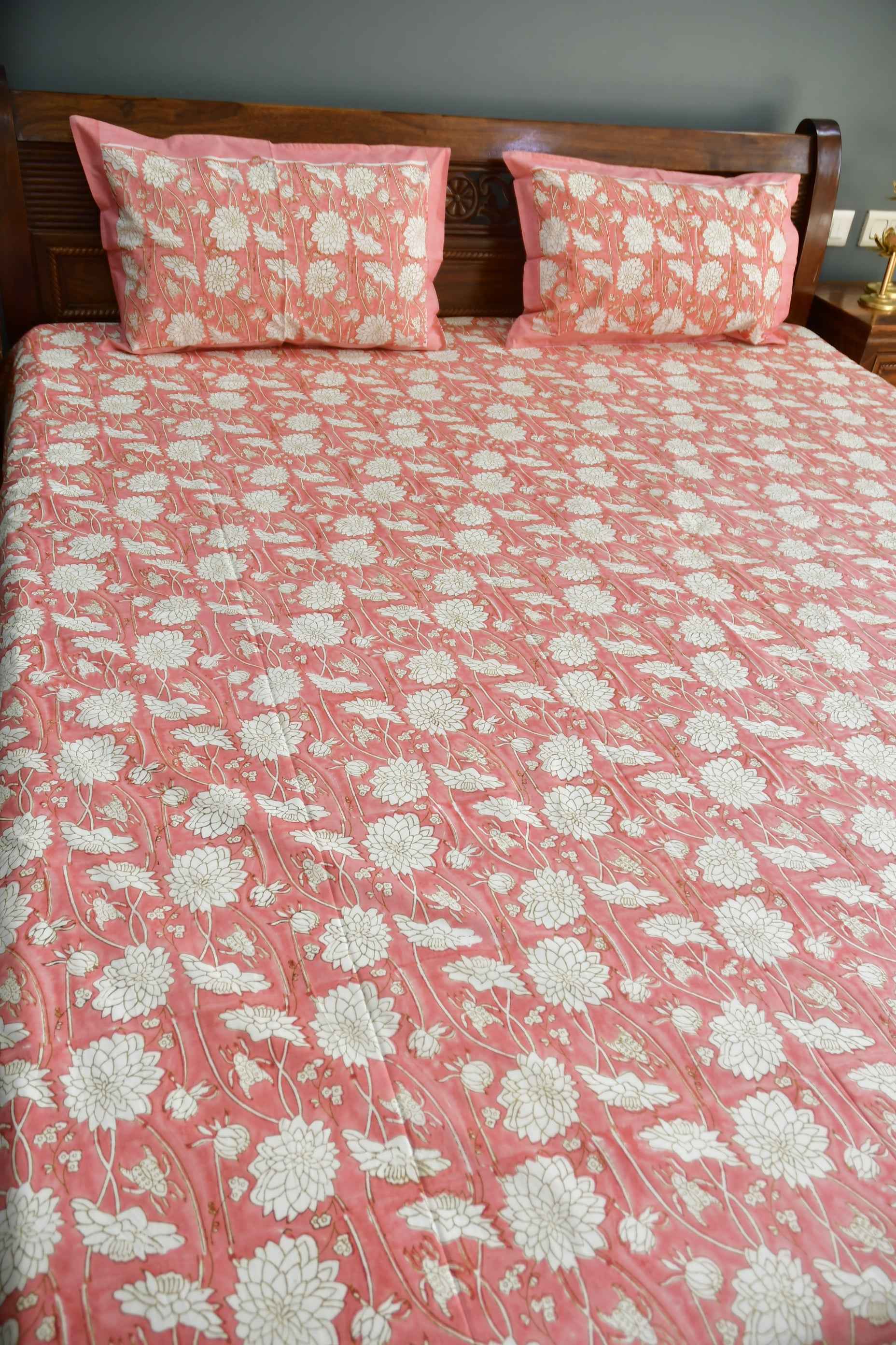 Pink floral Bedsheet : Jaipur Hand Block Bedsheet