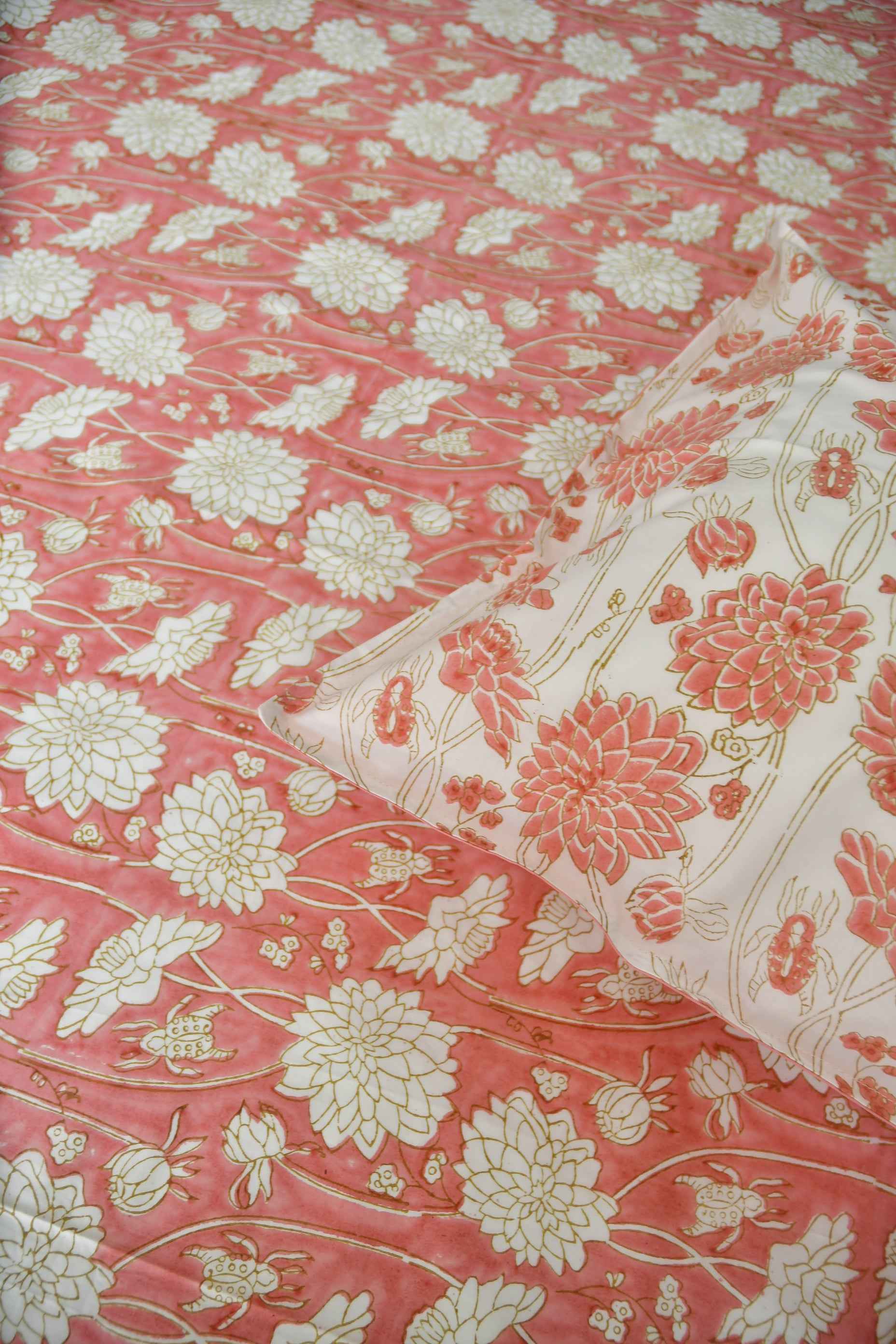 Pink floral Bedsheet : Jaipur Hand Block Bedsheet