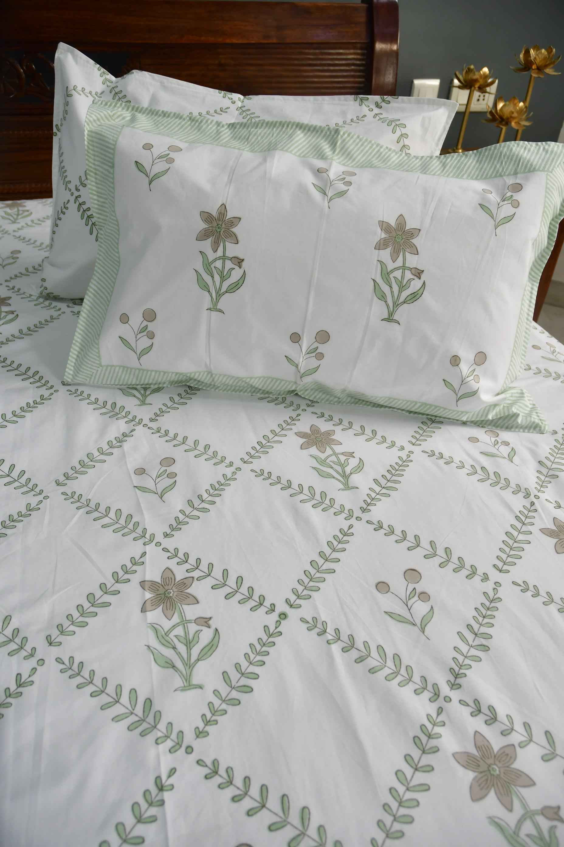 Green Jaal Hand Block Cotton Jaipuri Bedsheet