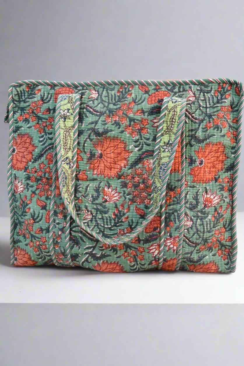 Pink Lotus Zipper Tote Bag | Hand-Blocked Cotton Tote for Women