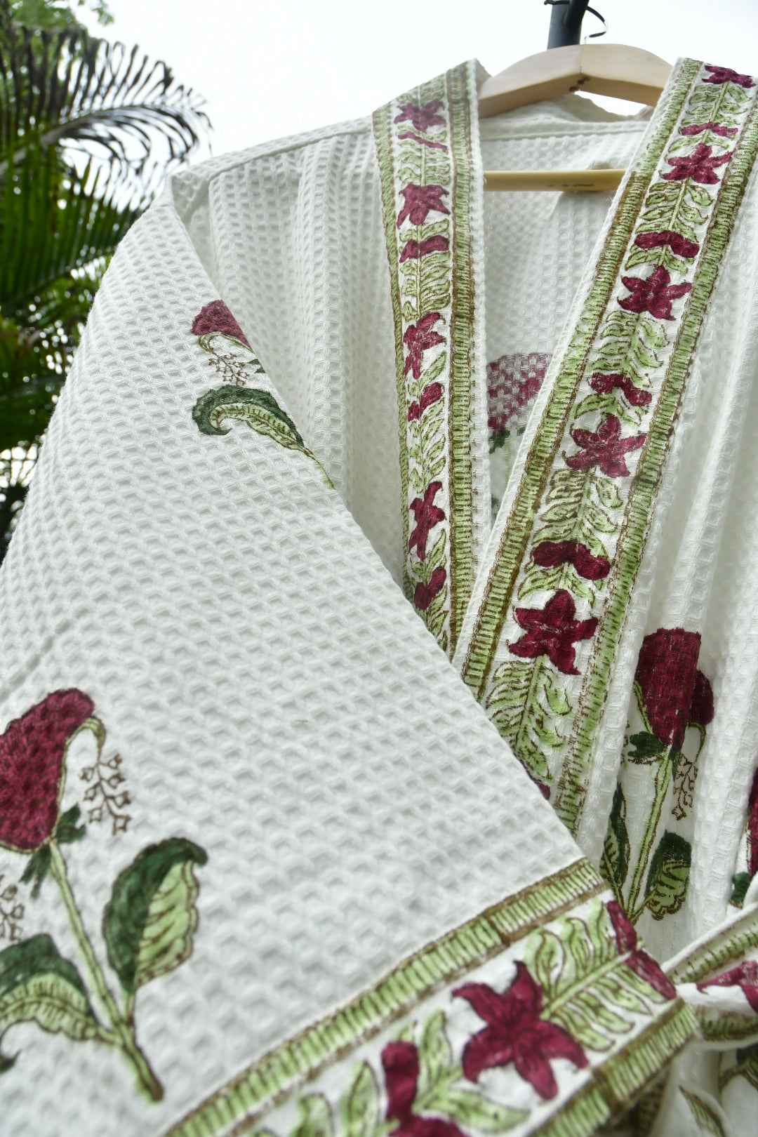 Red Hibiscus Handblock  waffle Cotton Bathrobe