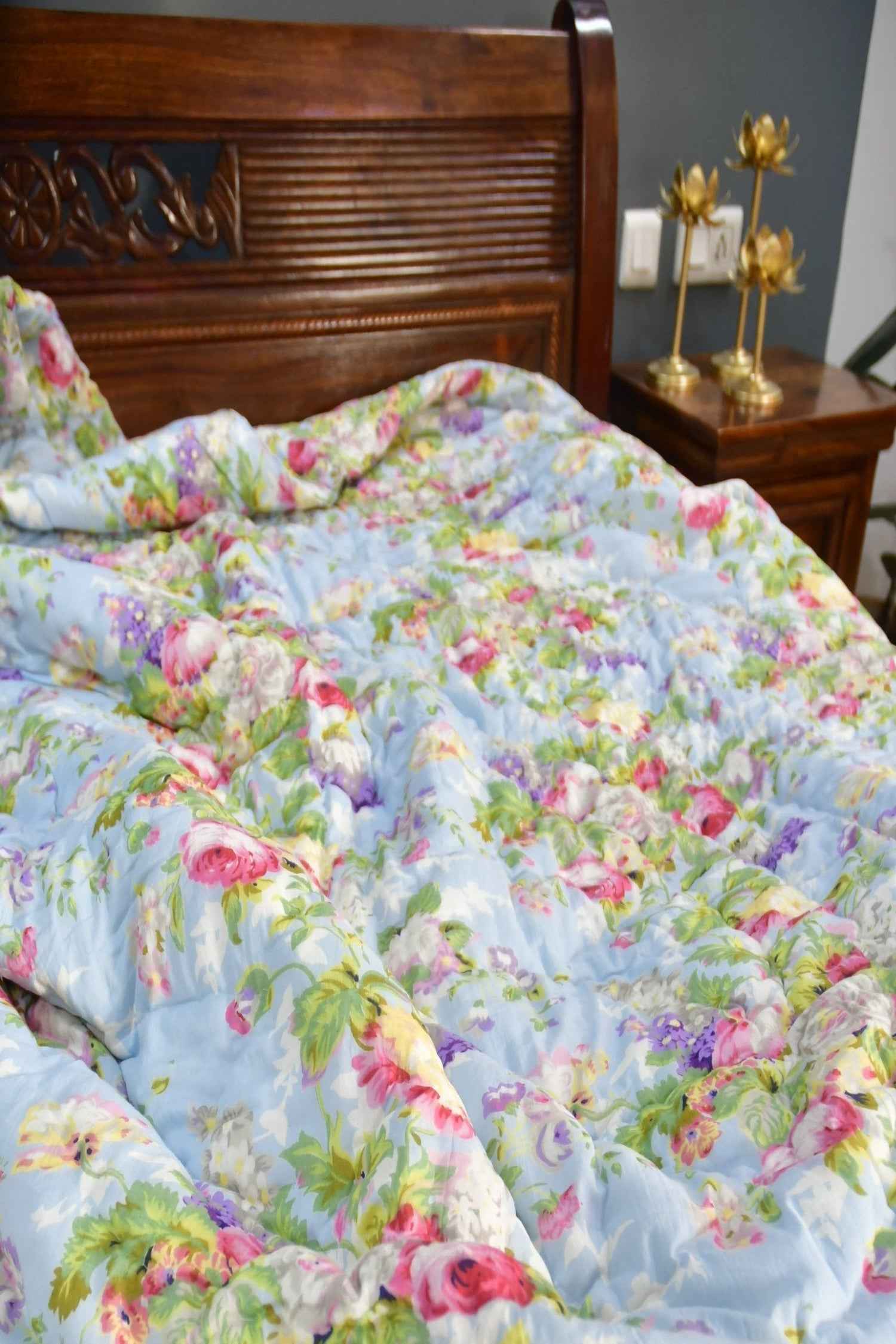 Sky Blue Floral Handblock Reversible Quilt