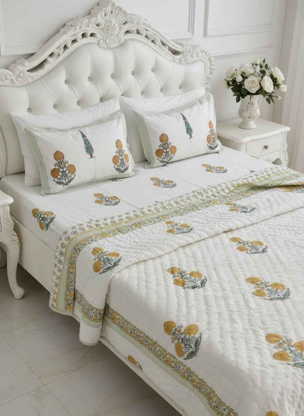 Cotton Quilt Hand Block Bedding Set – Yellow Marigold