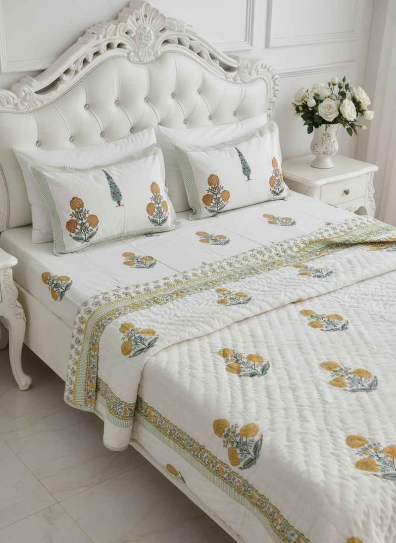 Cotton Quilt Hand Block Bedding Set – Yellow Marigold