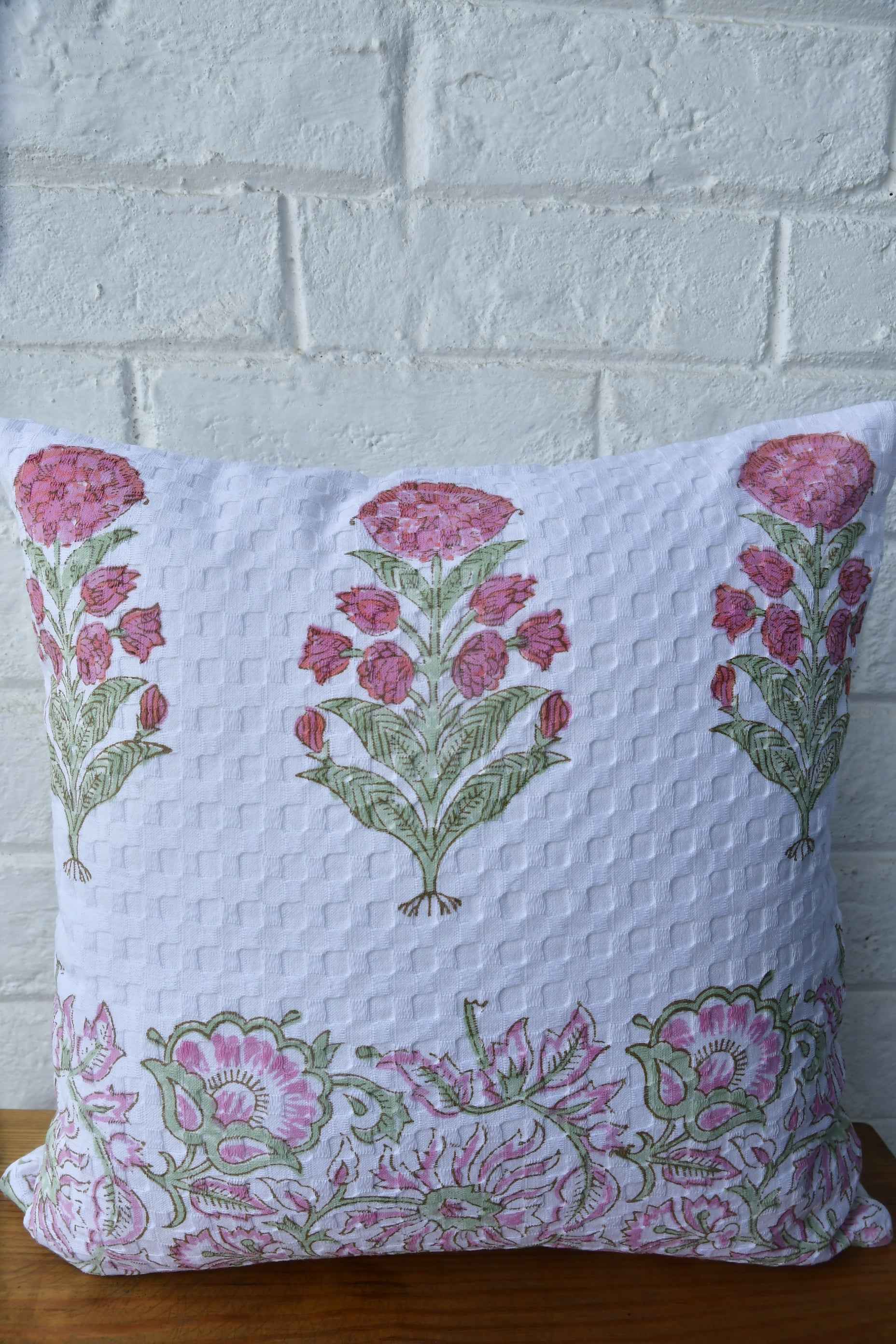 Coral Pink Waffle Cushion Cover: Hand Block Comfort