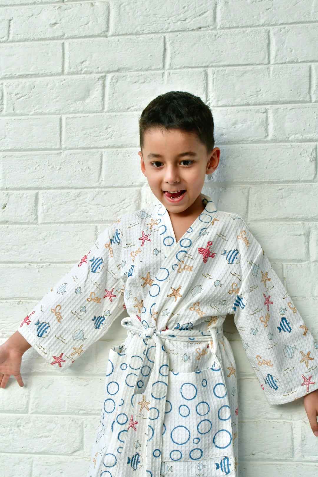 Kids HandBlock Premium Waffle Cotton Bathrobe Sea World Pattern