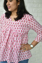 Red Buti White Short Top handblock Office wear