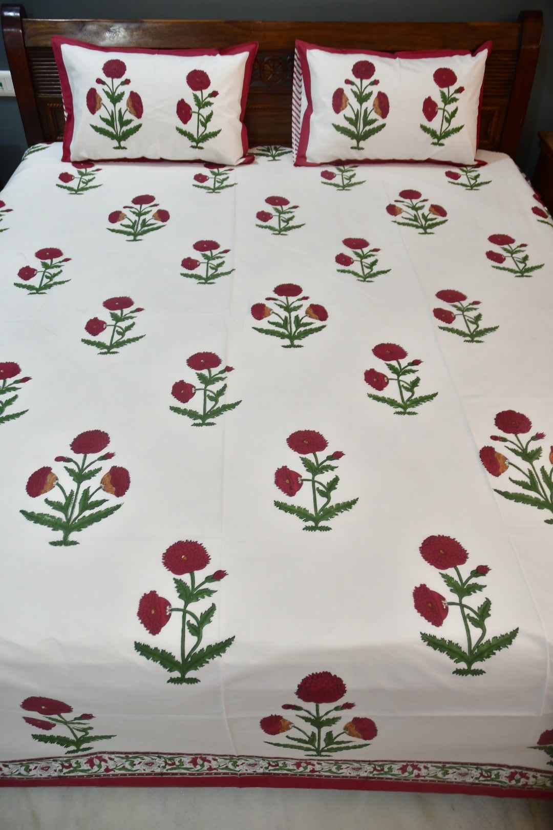 Classic Red Poppy Cotton Handblock Bedsheet