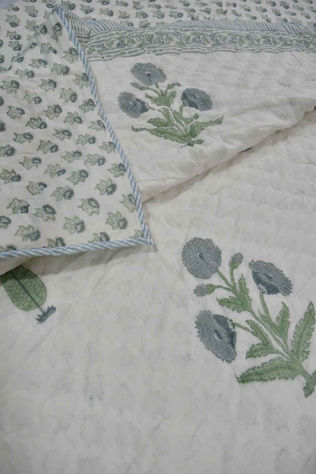 Blue Grey Poppy Handblock Reversible Quilt | Soft Cotton Jaipuri Bedding