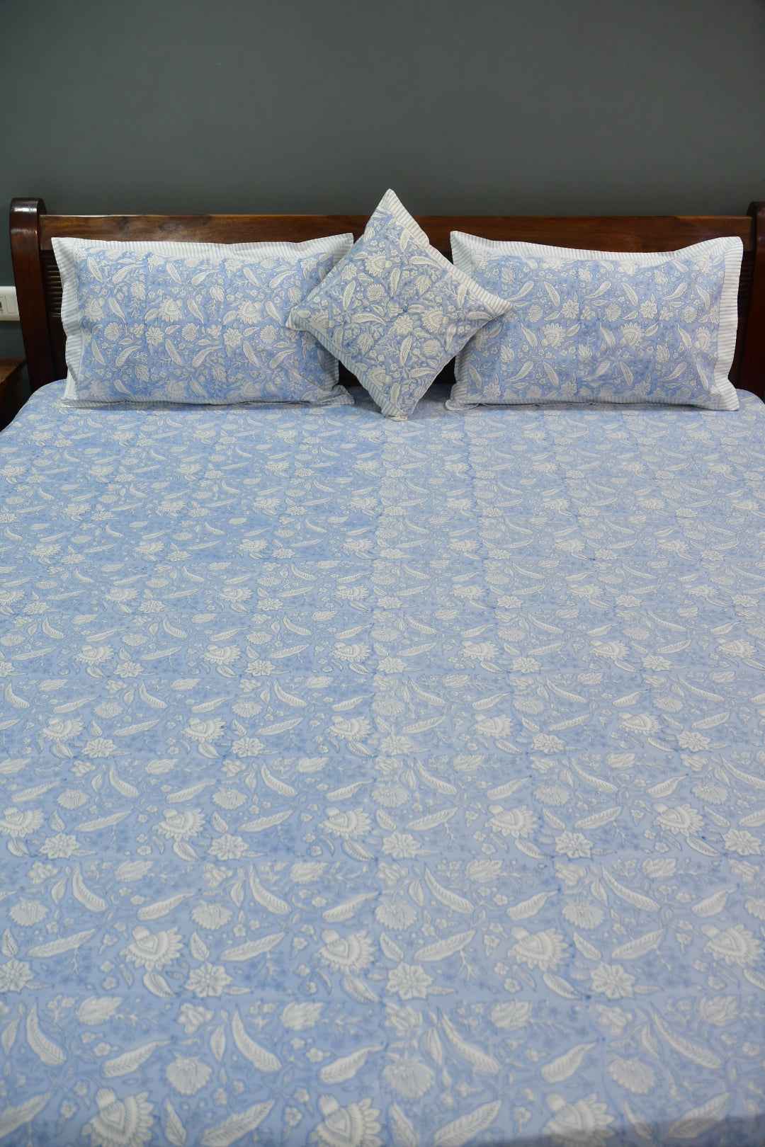 Blue and White Floral Handblock Cotton Handblock Bedsheet