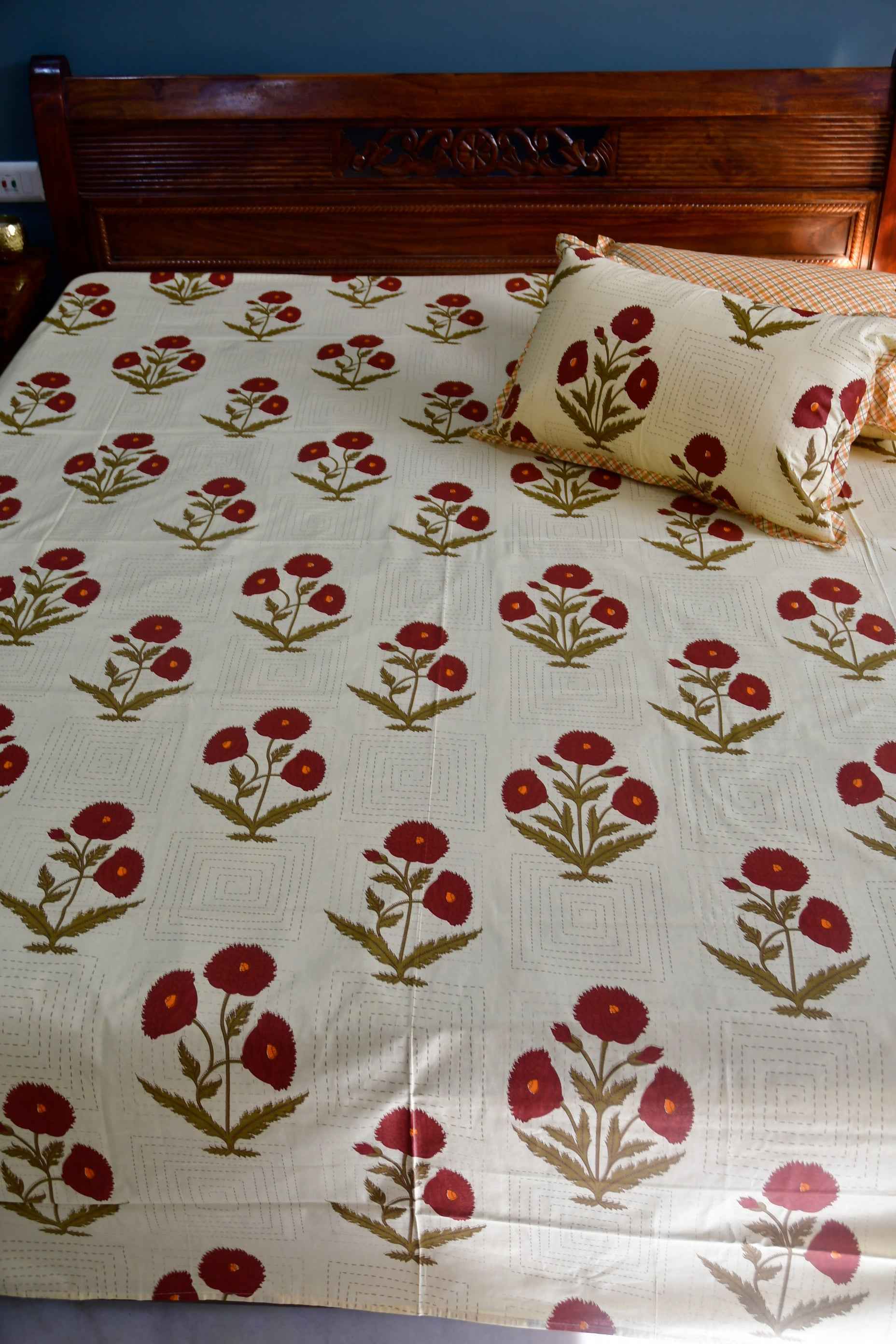 Elegant Red Poppy Cotton Bedsheet | Hand-Blocked