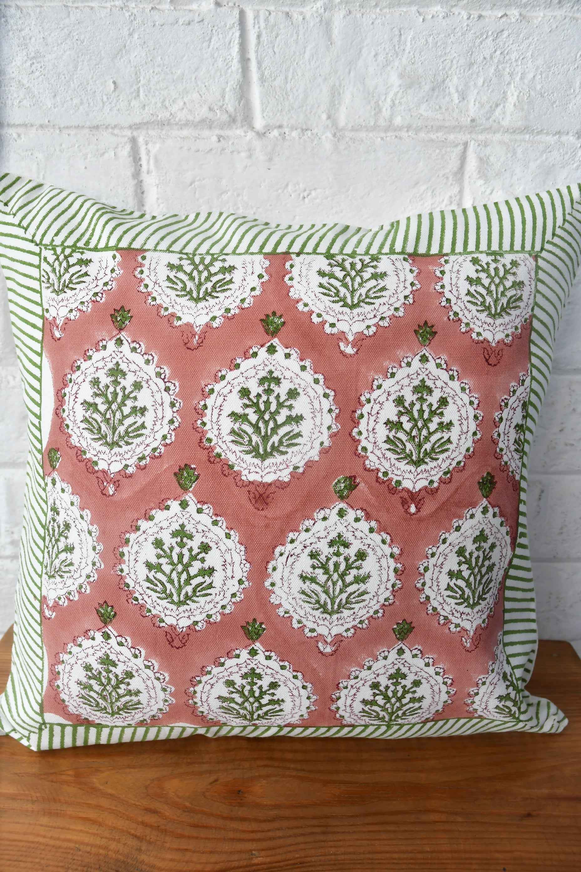 Rust & Green Hand Block Cushion Cover