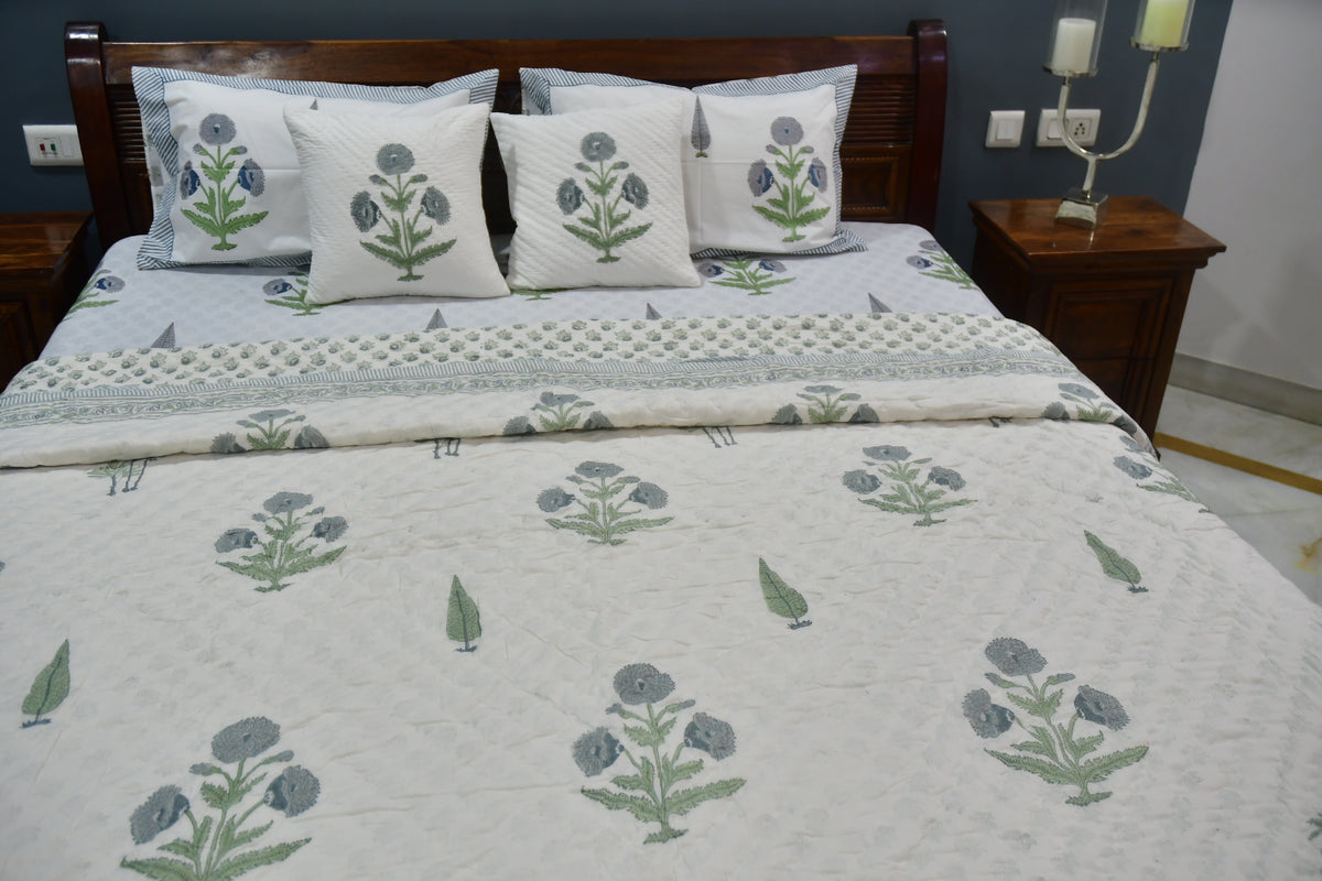 Poppy blue and grey bedding set